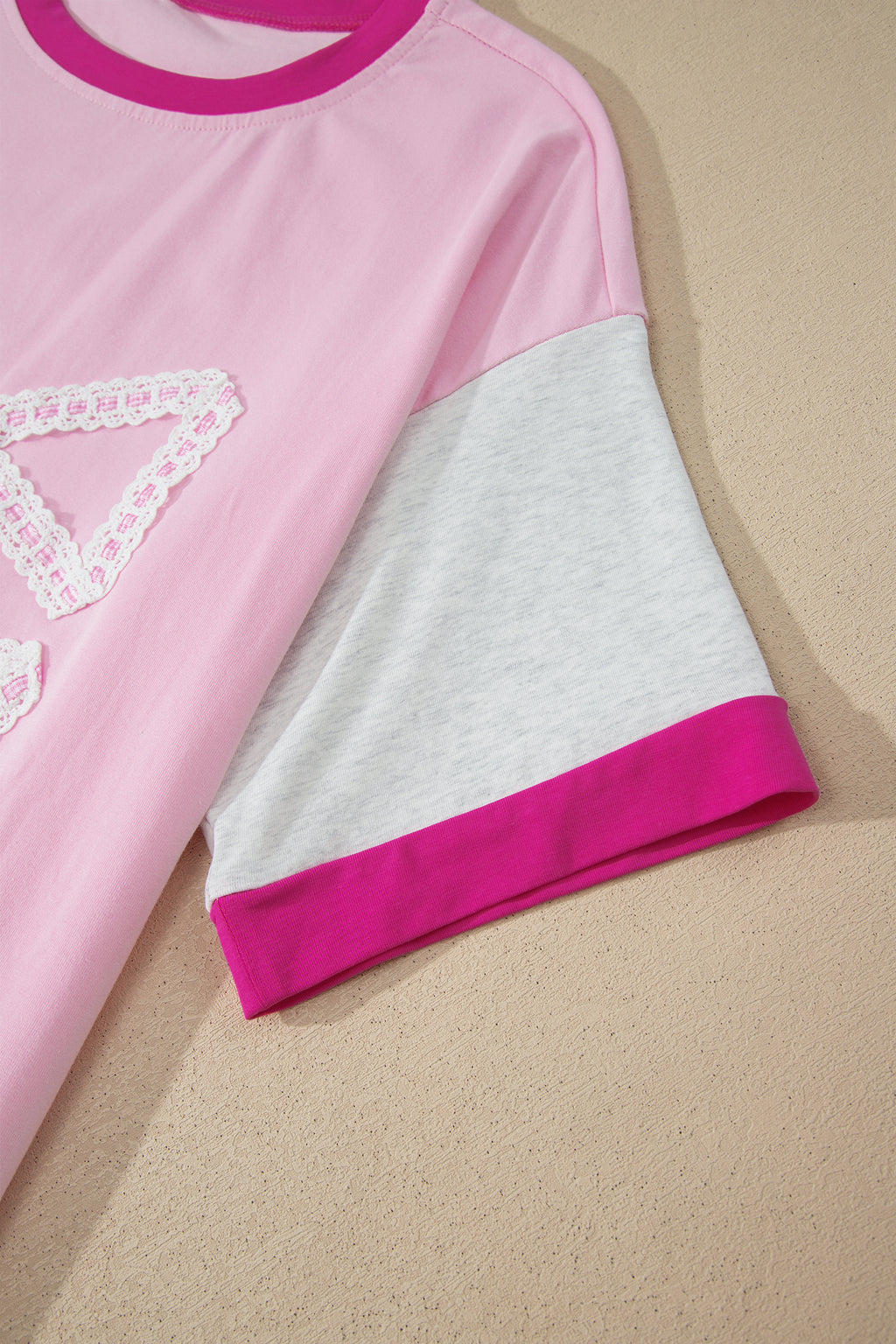 Gossamer Pink Embroidered Bow Detail Color Block Loose Tee