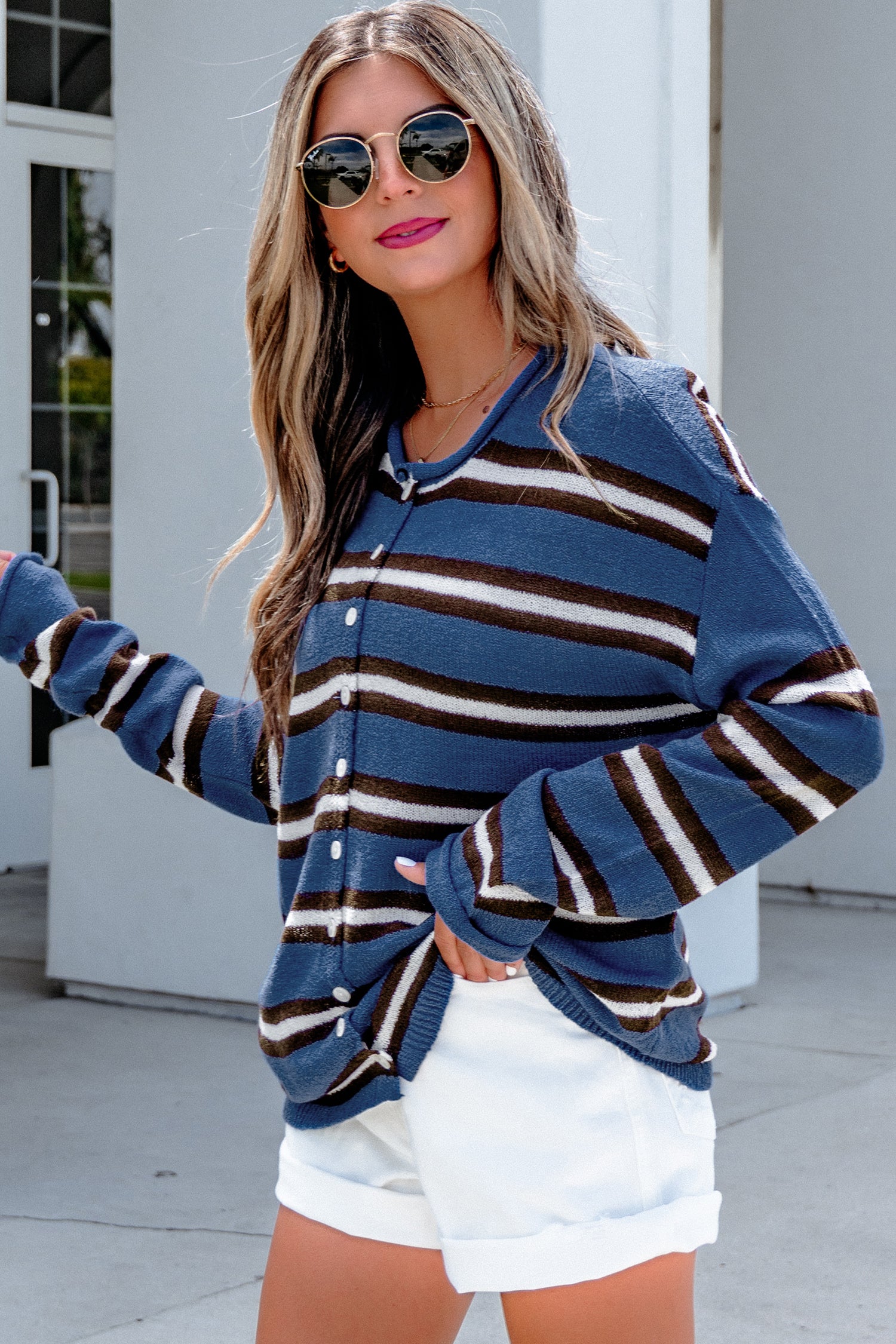 Pink Stripe Striped Drop Shoulder Button Cardigan