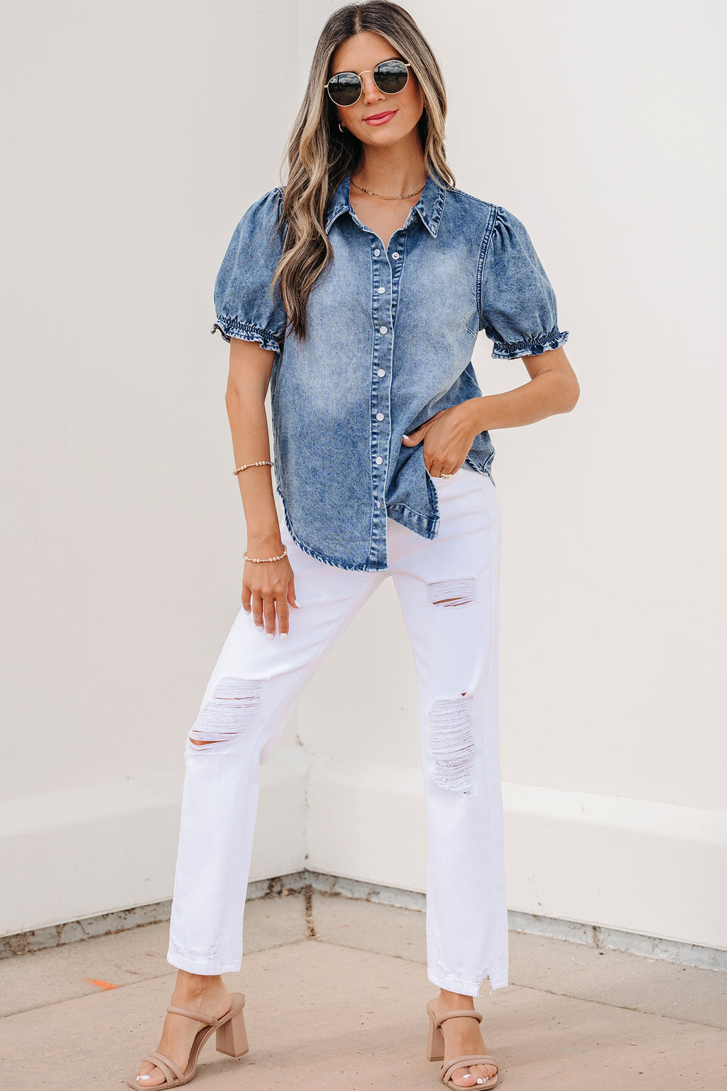 Frilled Short Sleeve Denim Shirt