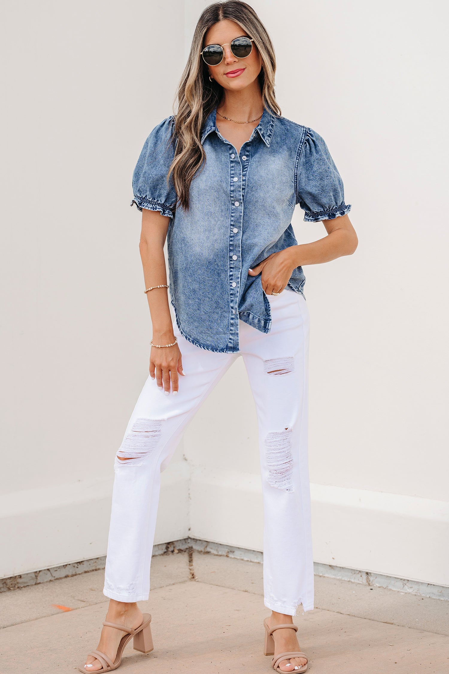 Frilled Short Sleeve Denim Shirt
