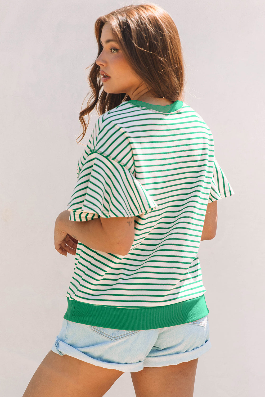 Sachet Pink Contrast Detail Striped Ruffle Short Sleeve Top