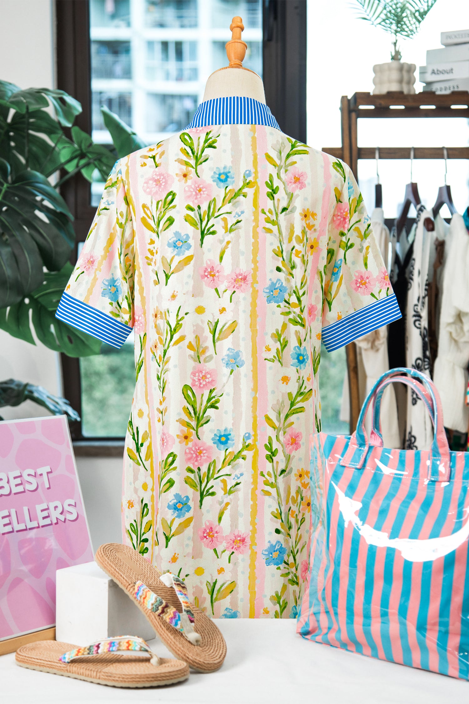 Multicolour Floral Print Striped Trim Button Down Shift Dress