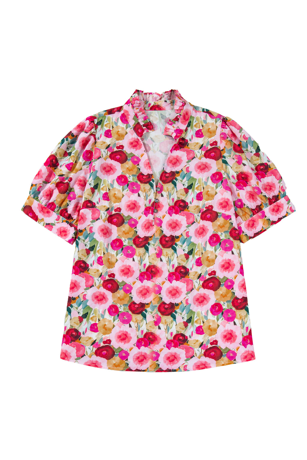 Pink Plus Size Flower Print Split V Neck Puff Short Sleeve Top