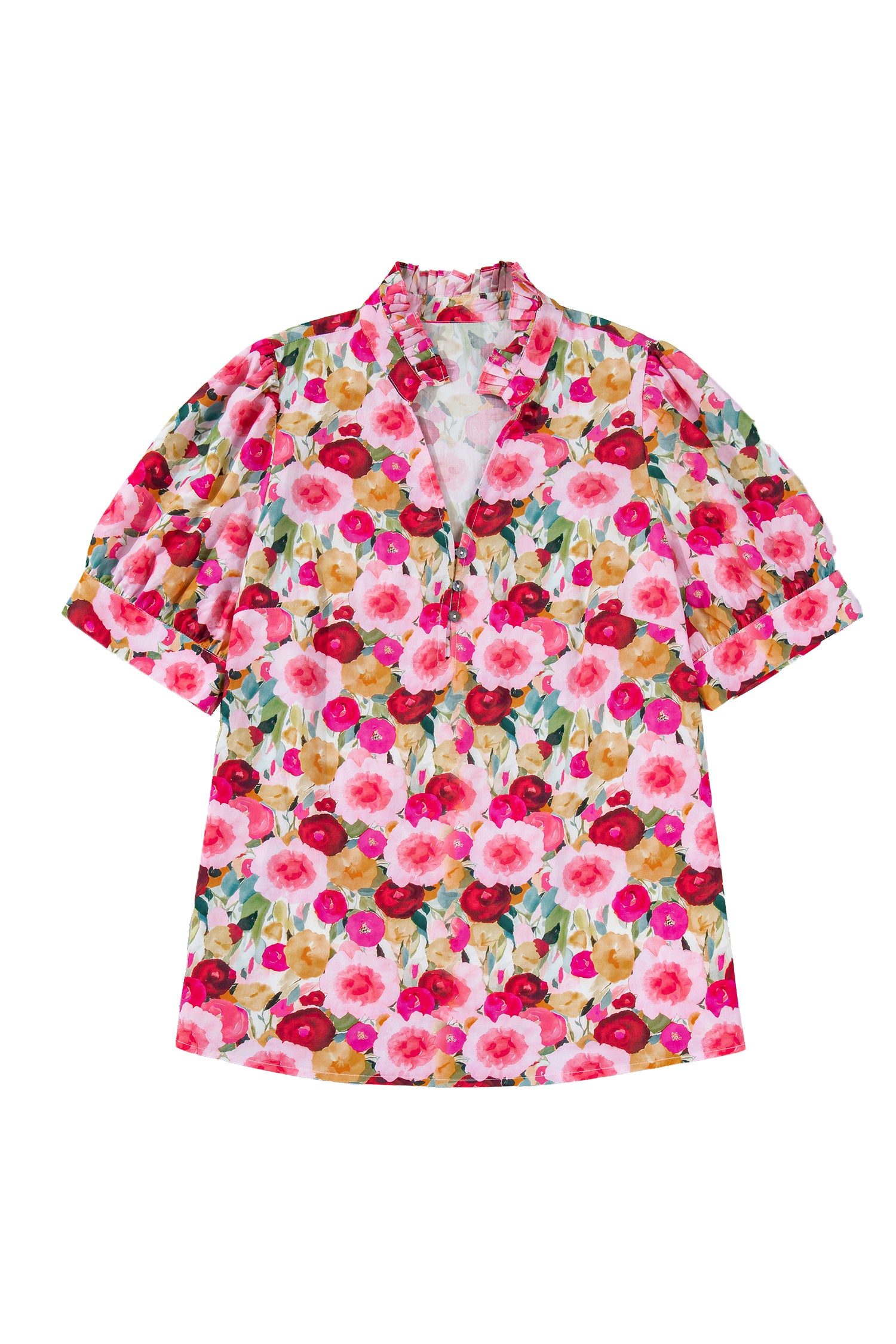 Pink Plus Size Flower Print Split V Neck Puff Short Sleeve Top