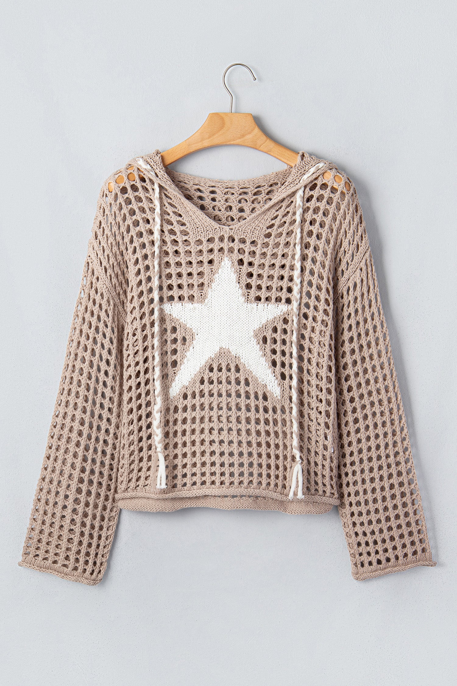 Sage Green Star Pattern Crochet Hooded Drawstring Sweater