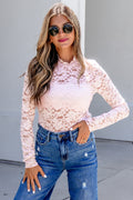 Light Pink Floral Lace Long Sleeve Stand Neck Pullover Top