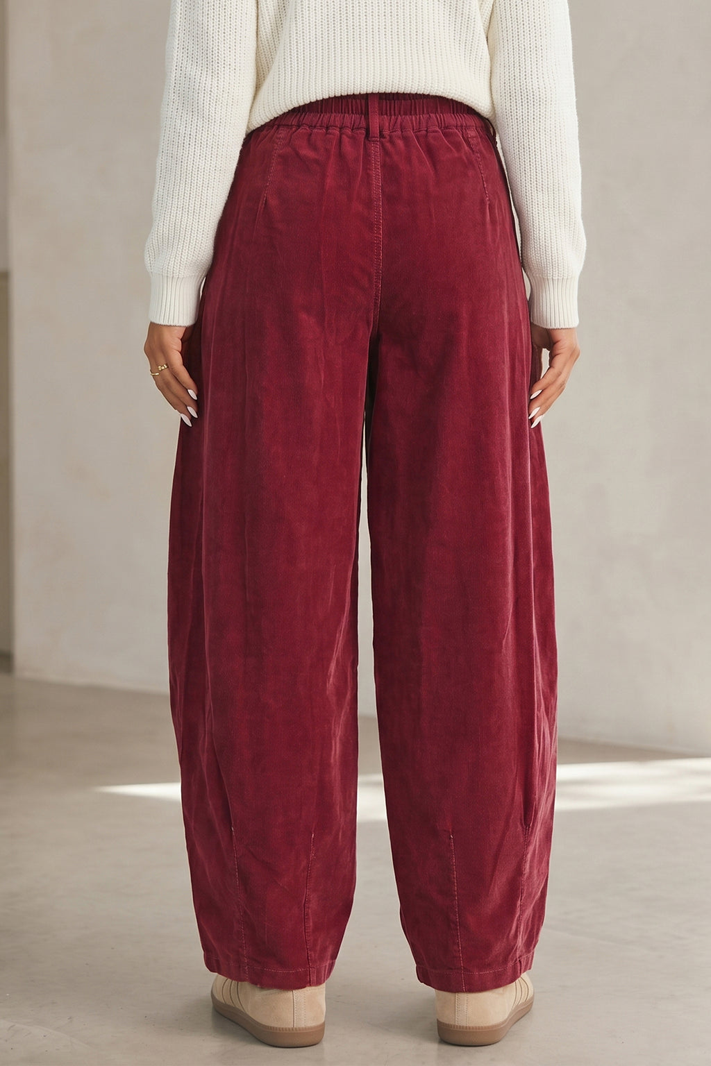 Racing Red Elastic Waist Drawstring Corduroy Casual Pants