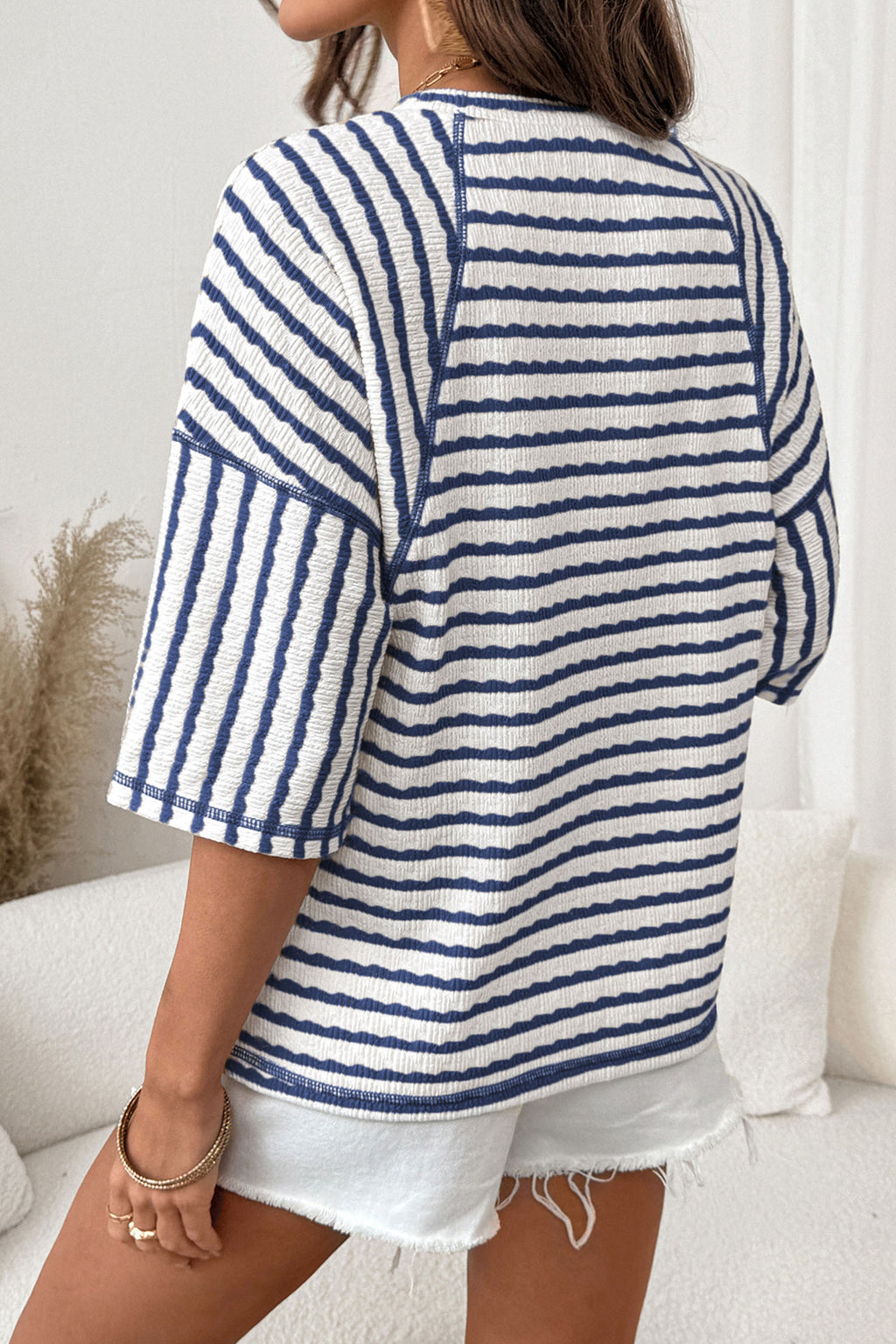 Blue Stripe Half Sleeve Loose Top
