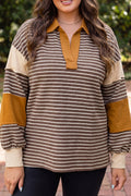 Brown Stripe Colorblock Detail Collar V Neck Plus Size Long Sleeve Top