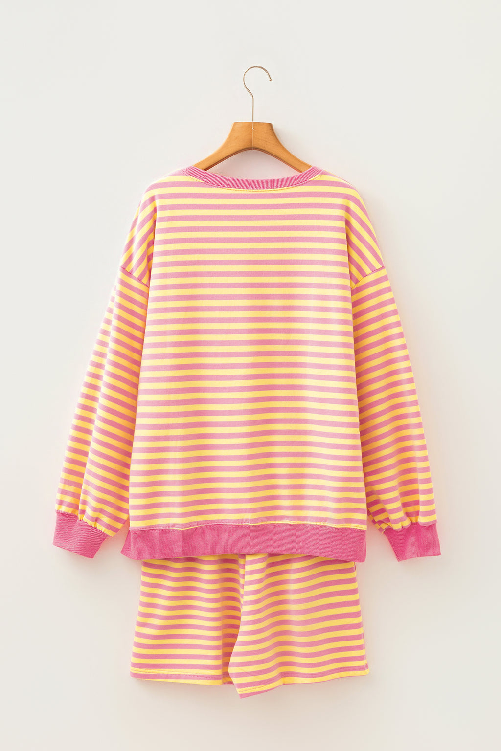 Yellow Stripe Color Block Trim Round Neck Long Sleeve Top Casual Shorts 2pcs Set