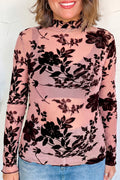 Gossamer Pink Retro Floral Print Mesh Long Sleeve Pullover Blouse