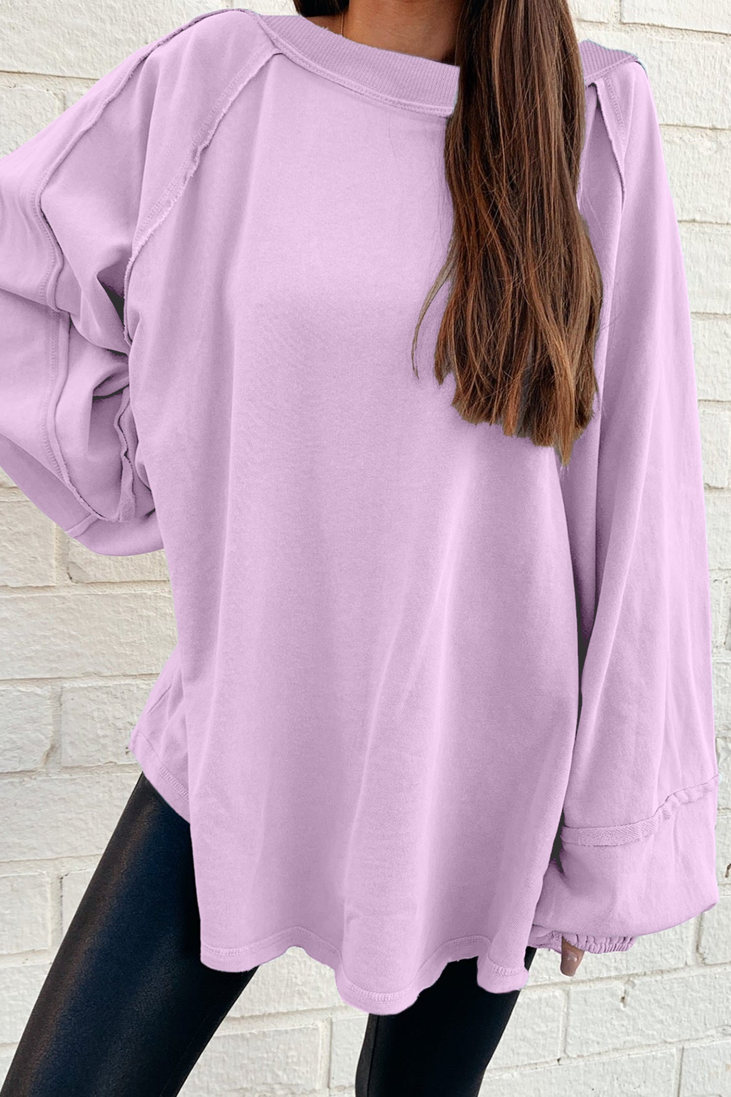 Beige Solid Color Raw Seam Patchwork Baggy Sweatshirt