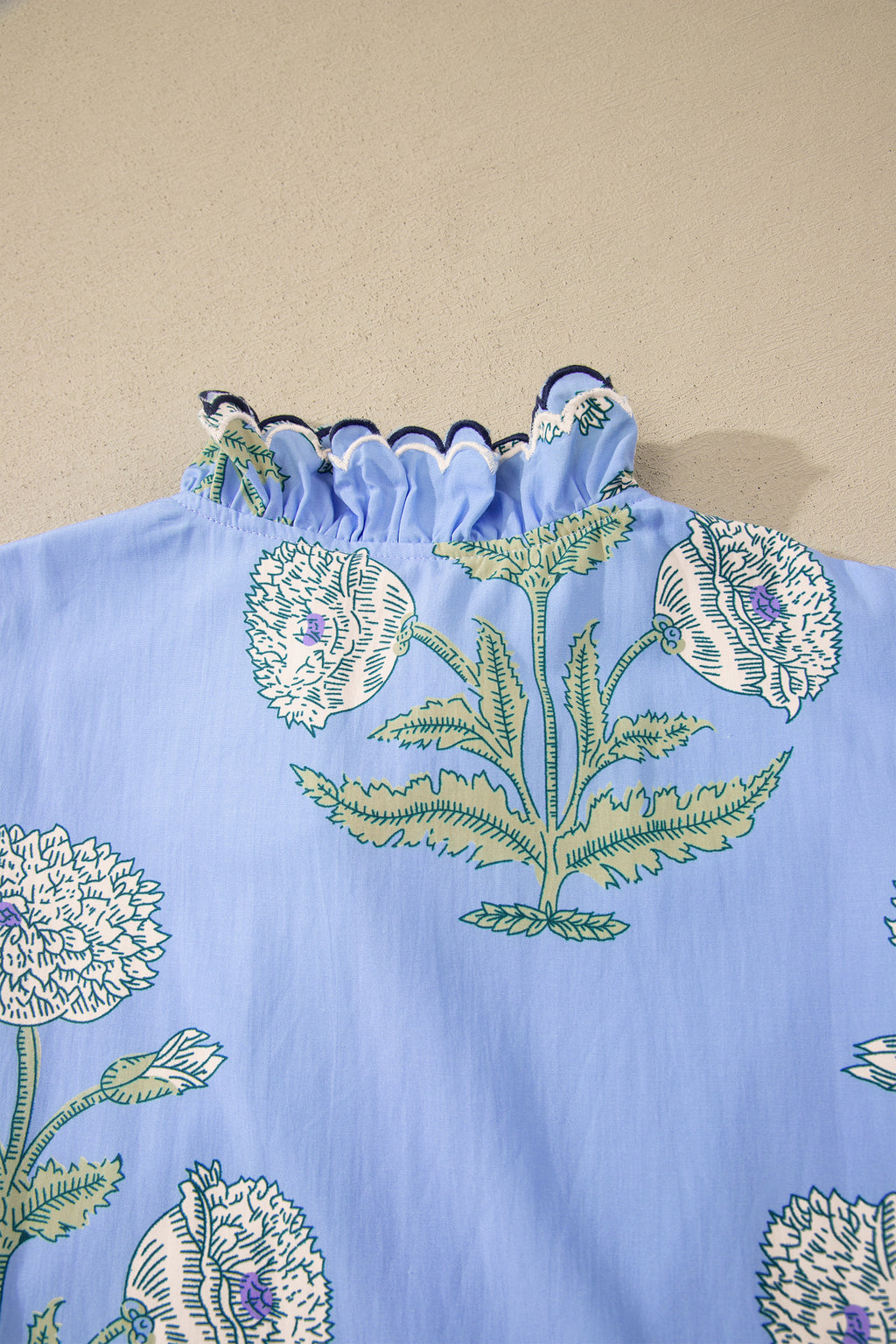 Sky Blue Wild Floral Print Scalloped Embroidery Trim V Neck Drop Waist Mini Dress