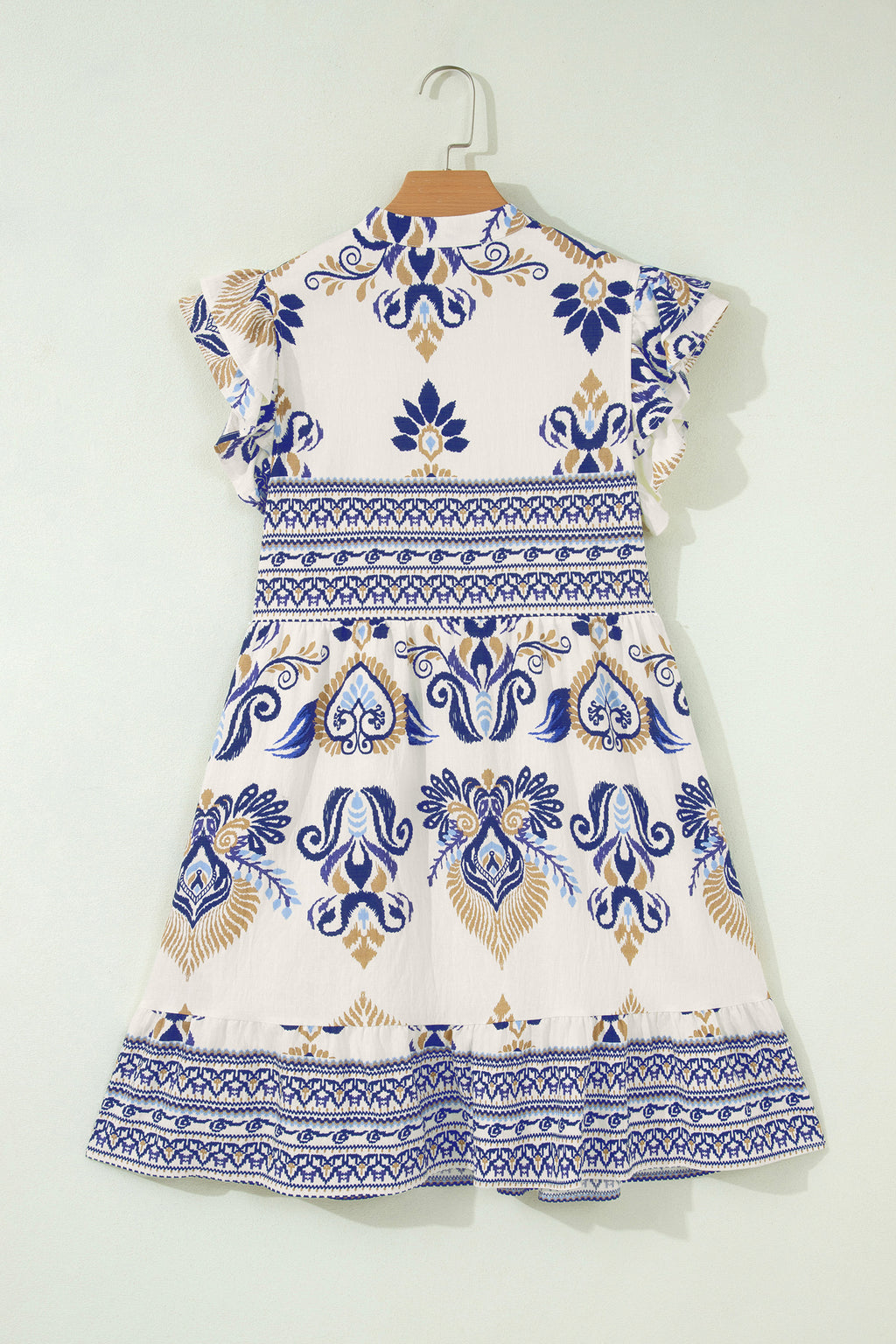 Blue Boho Floral Printed Split Neck Ruffled Sleeve Mini Dress