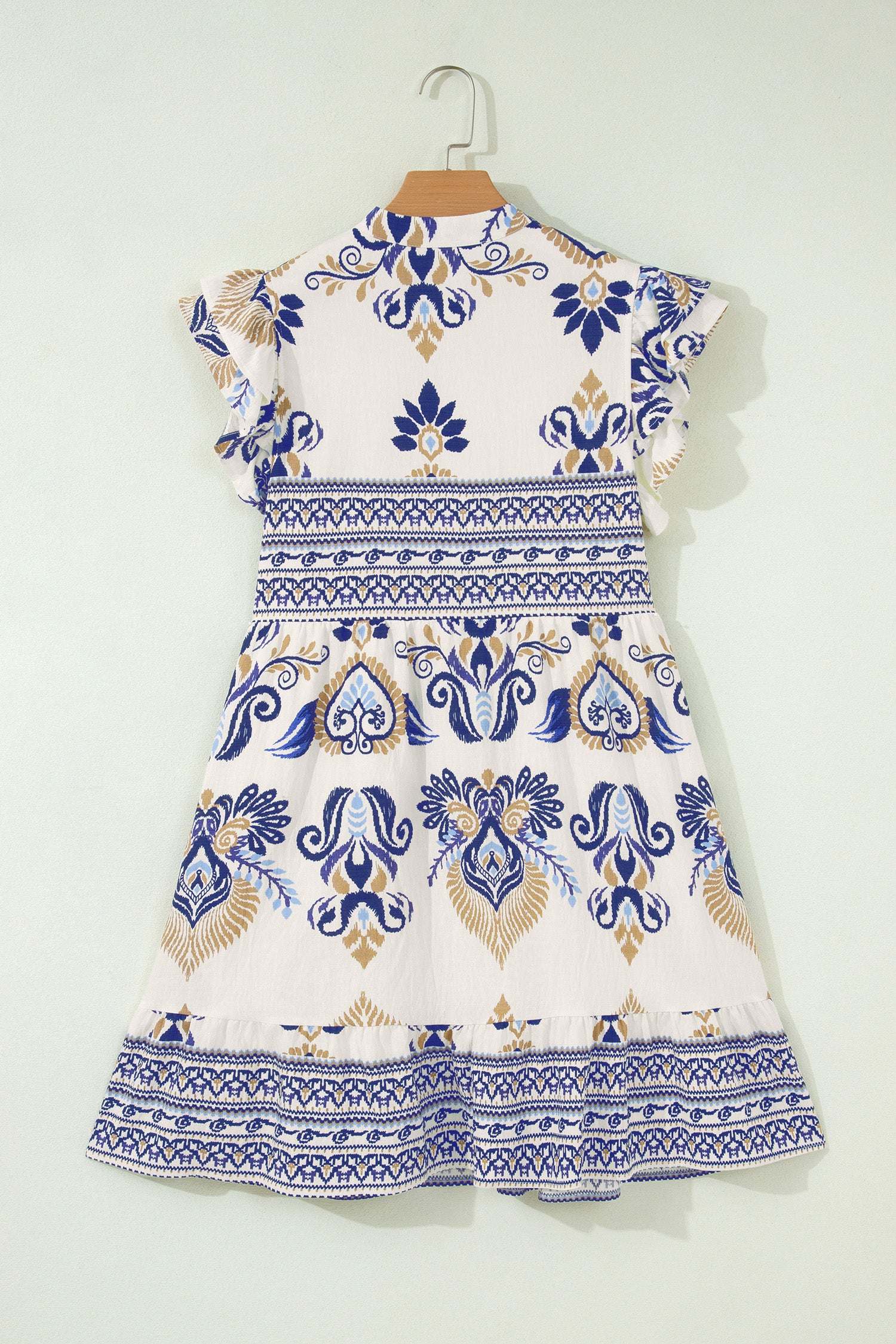 Blue Boho Floral Printed Split Neck Ruffled Sleeve Mini Dress