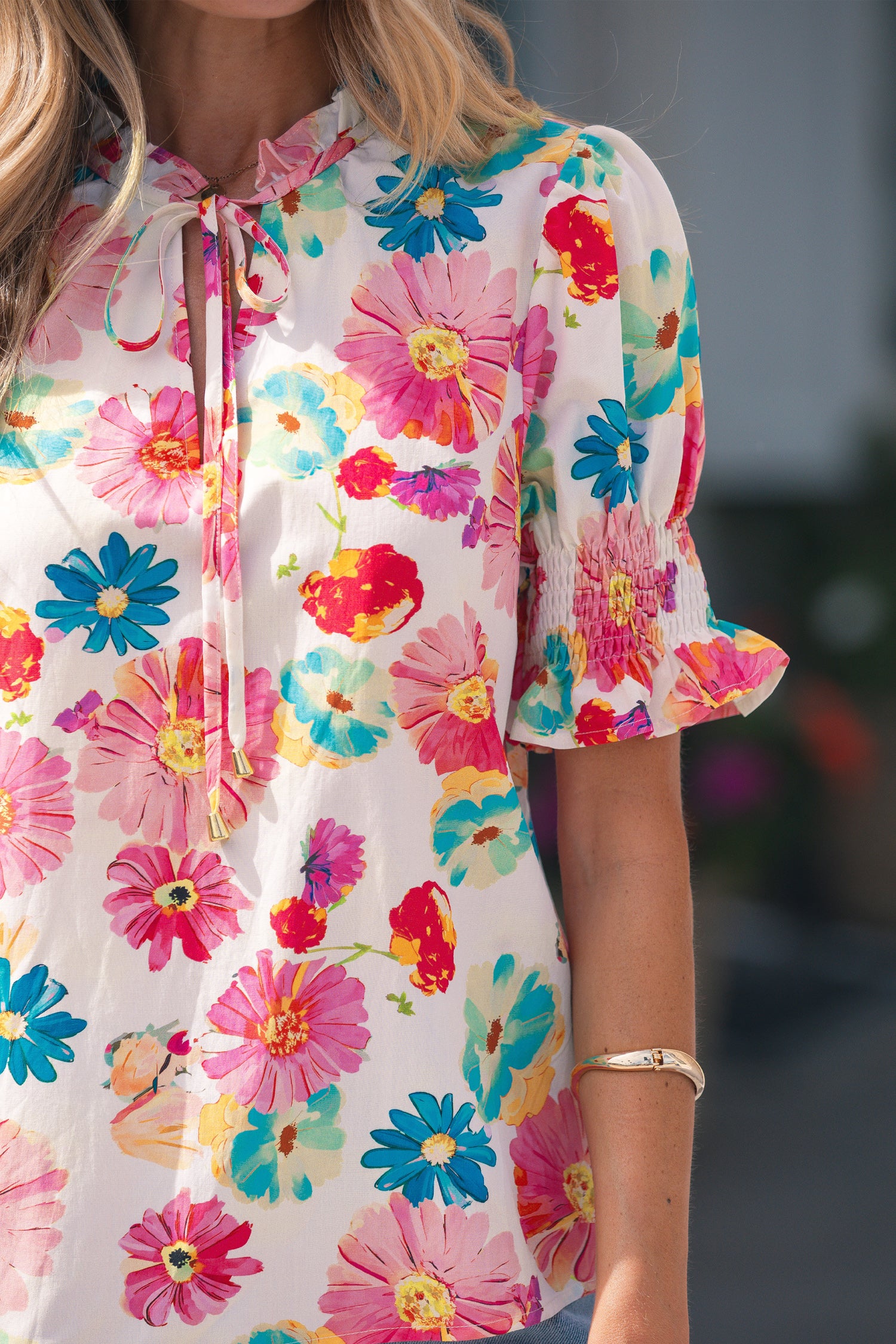 Beige Vibrant Summer Floral Blouse