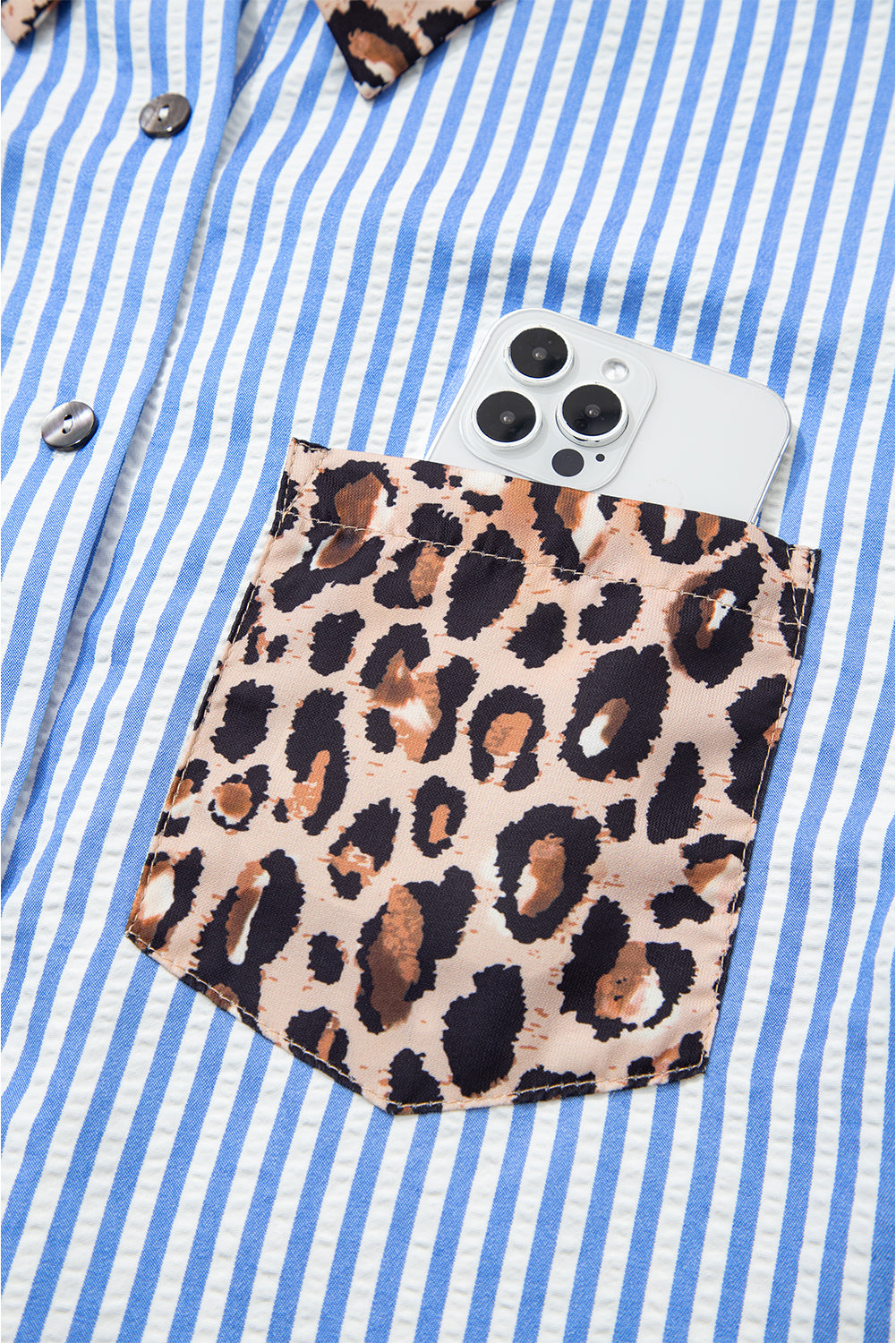 Sky Blue Striped Leopard Button Up Shirt