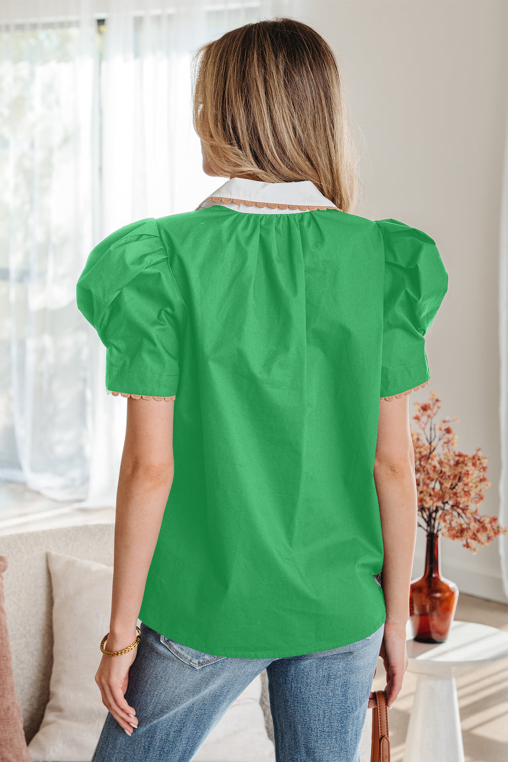 Bright Green Shirt Collar Short Sleeve Blouse