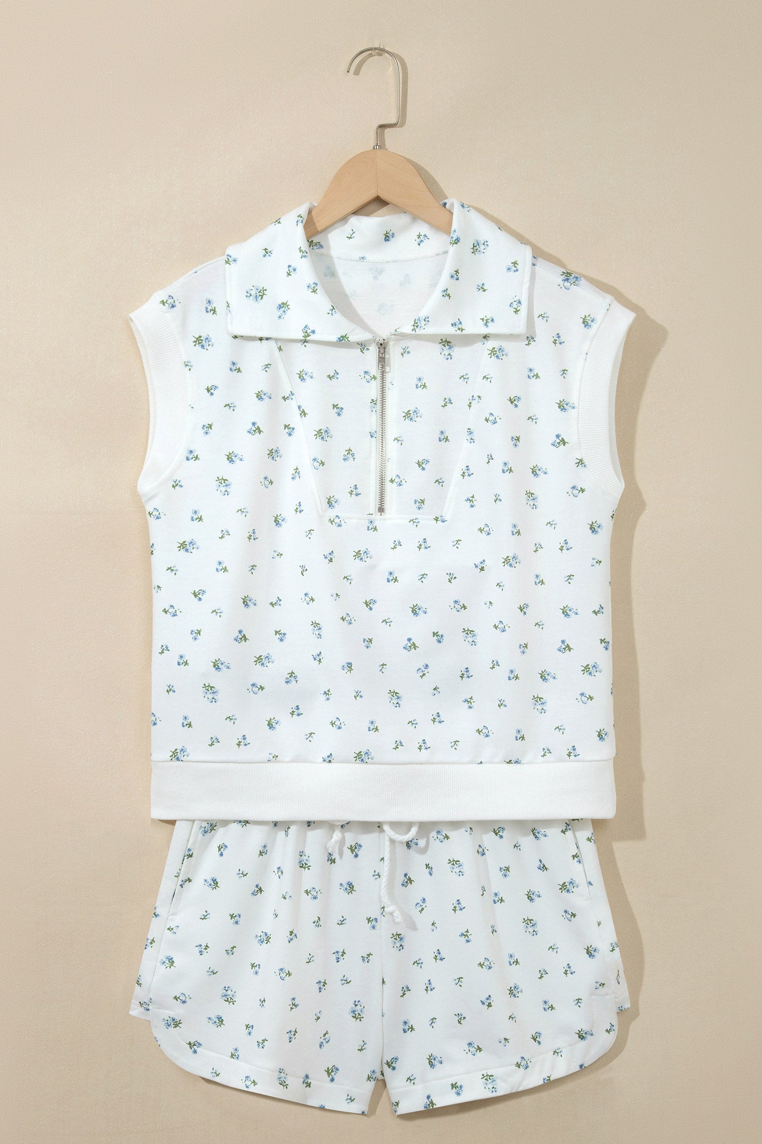 White Floral Print Half Zip Top Matching Short Set