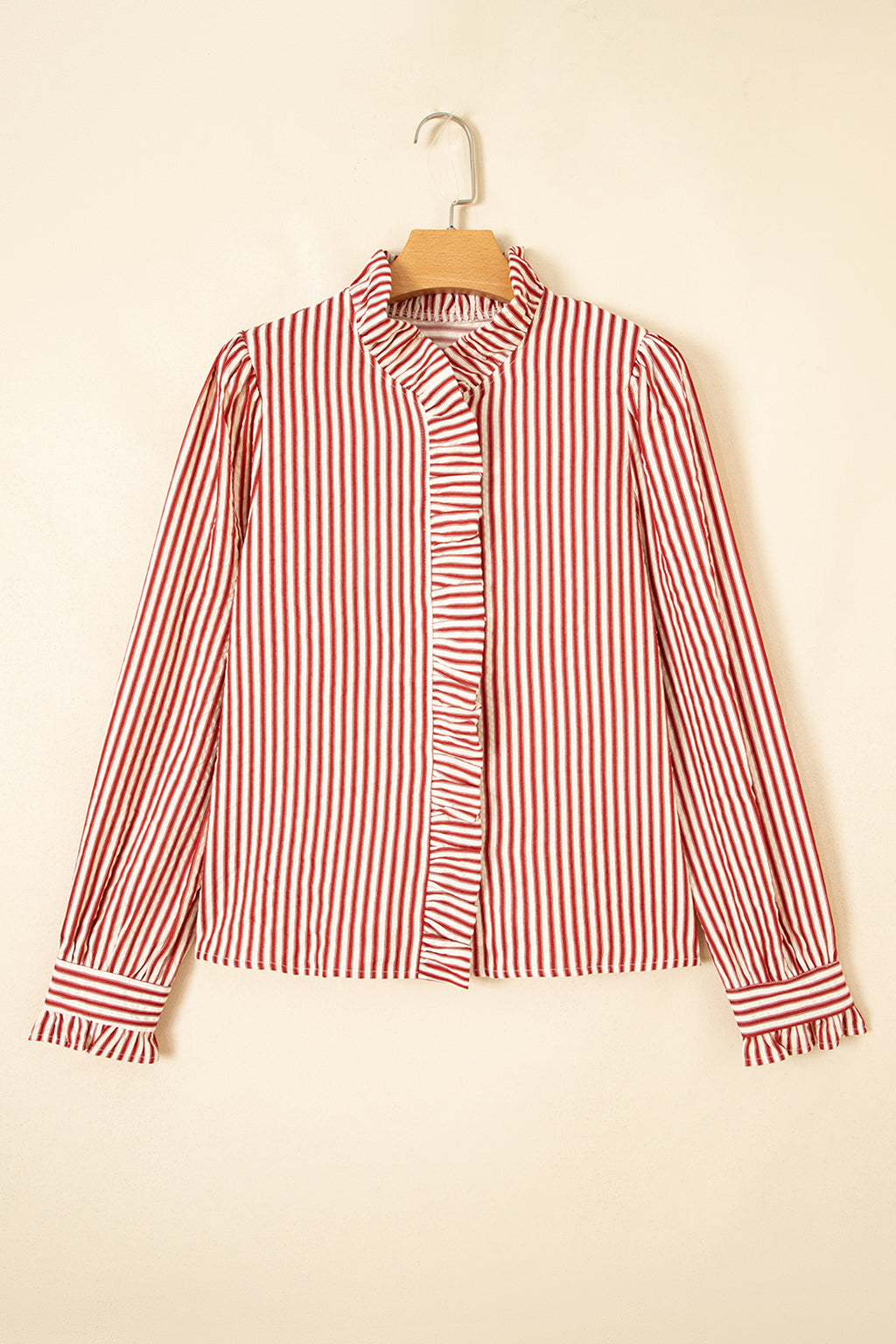 Red Stripe Textured Ruffle Trim Button-Up Long Sleeve Shirt