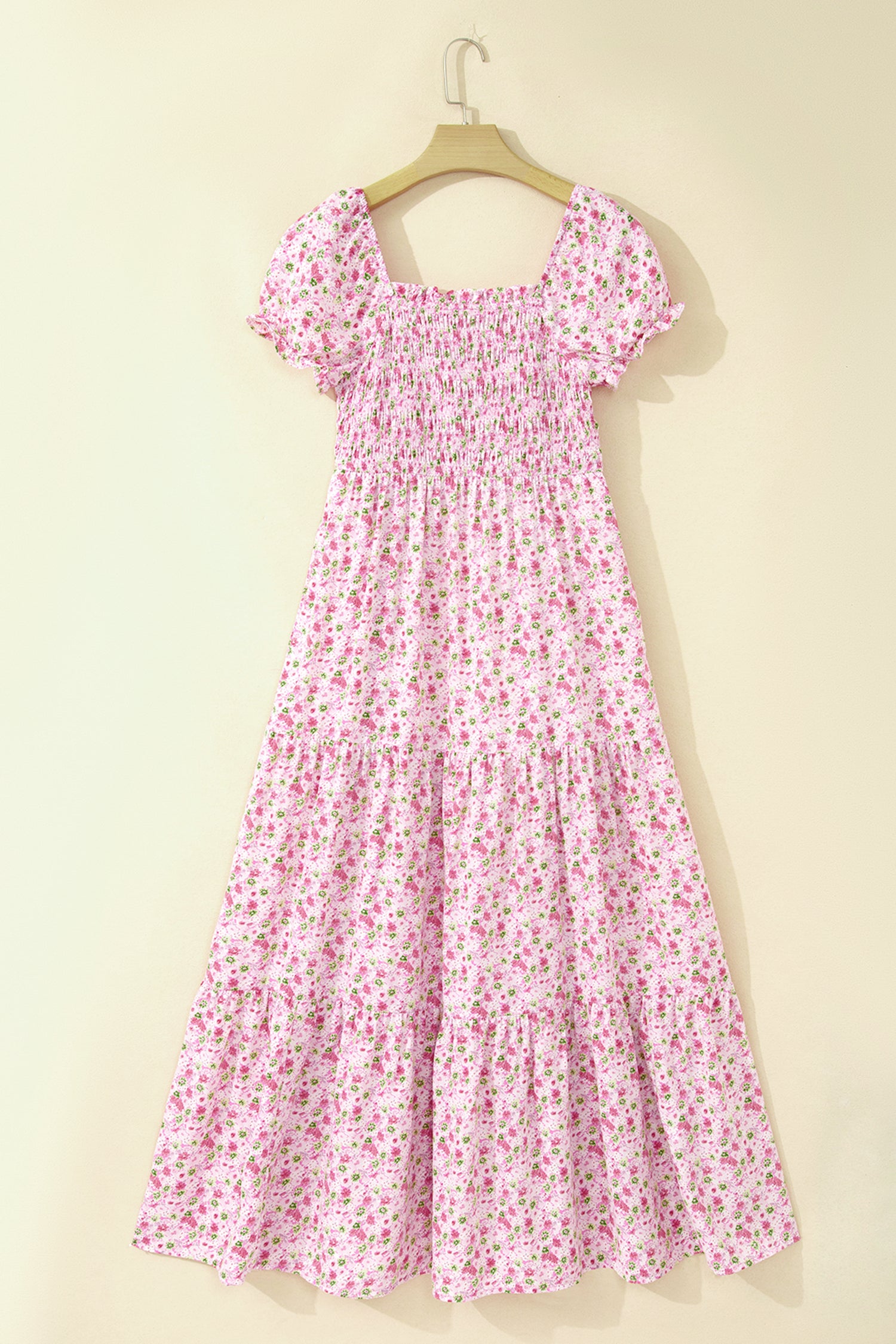 Pink Floral Short Bubble Sleeve Shirred High Waist Maxi Dress