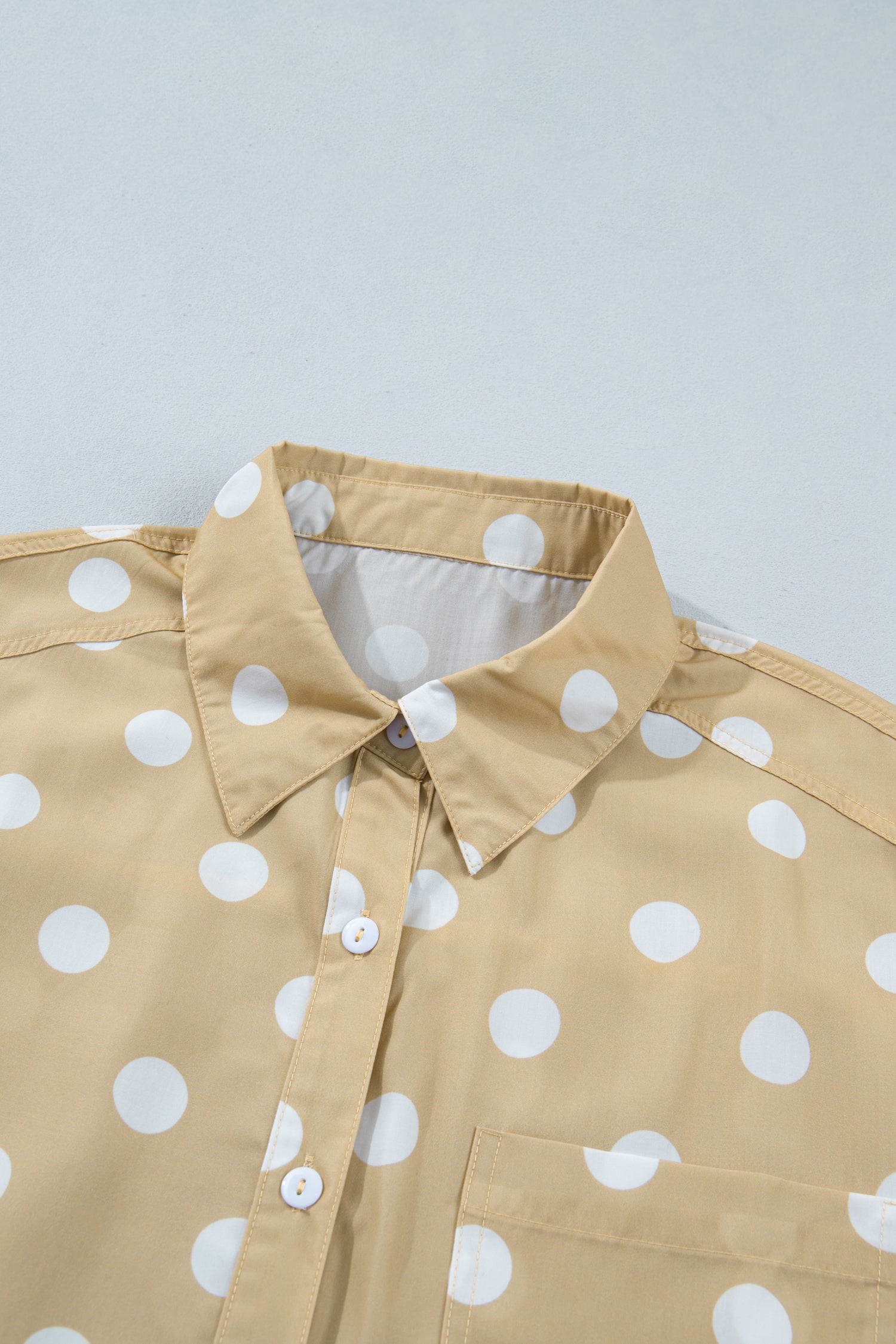 Khaki Polka Dot Print Three Quarter Sleeve Ruffle Hem Casual Shirt