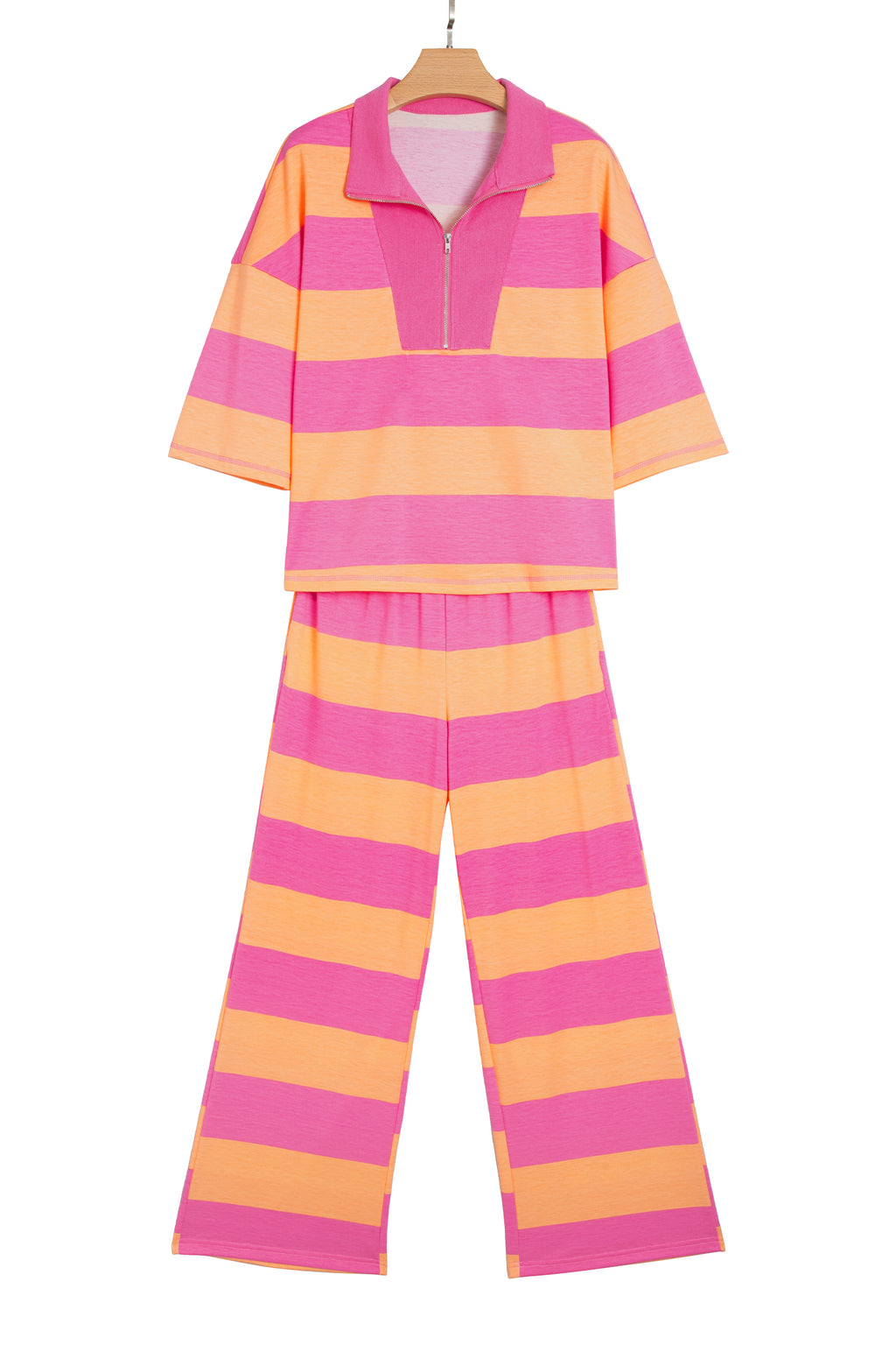 Orange Stripe Colorblock Half Sleeve Top Casual Loose Pants 2pcs Set