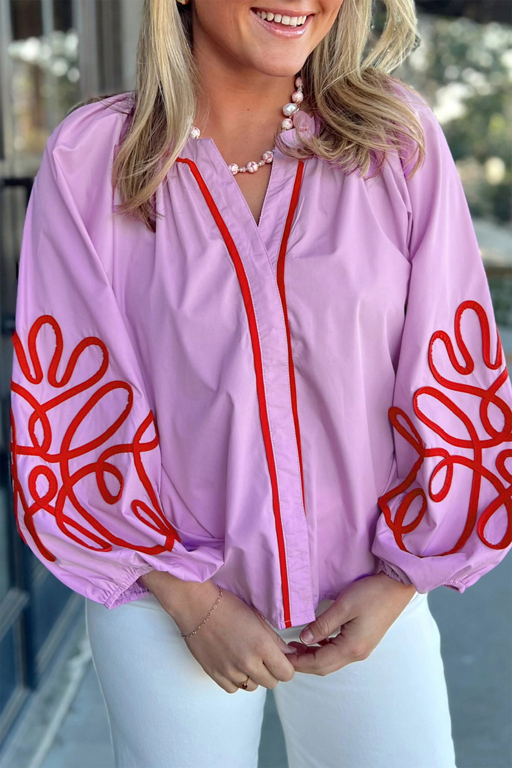Orchid Bouquet Contrast Detail Long Sleeve Decorative Neckline Cotton Blouse