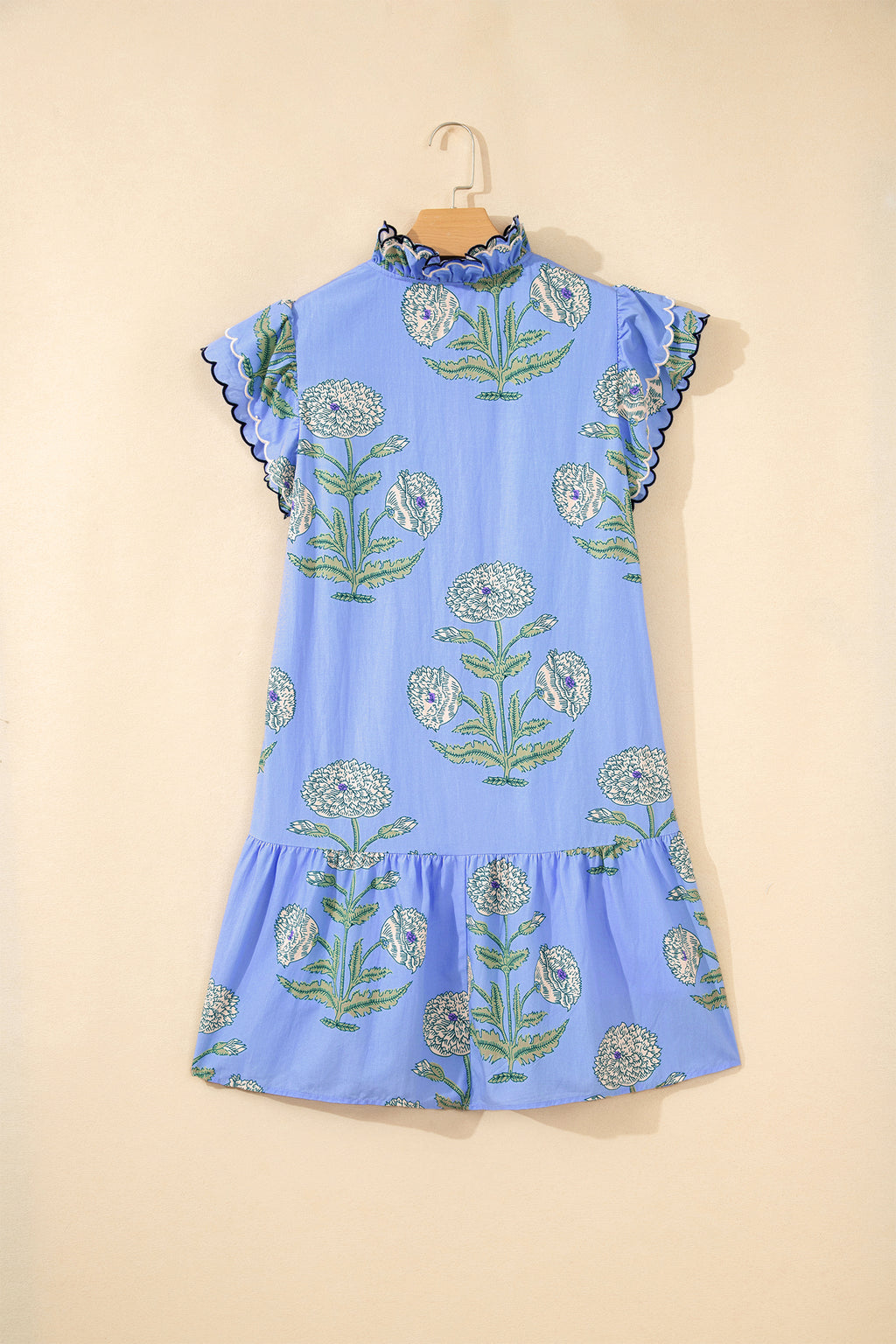Sky Blue Wild Floral Print Scalloped Embroidery Trim V Neck Drop Waist Mini Dress