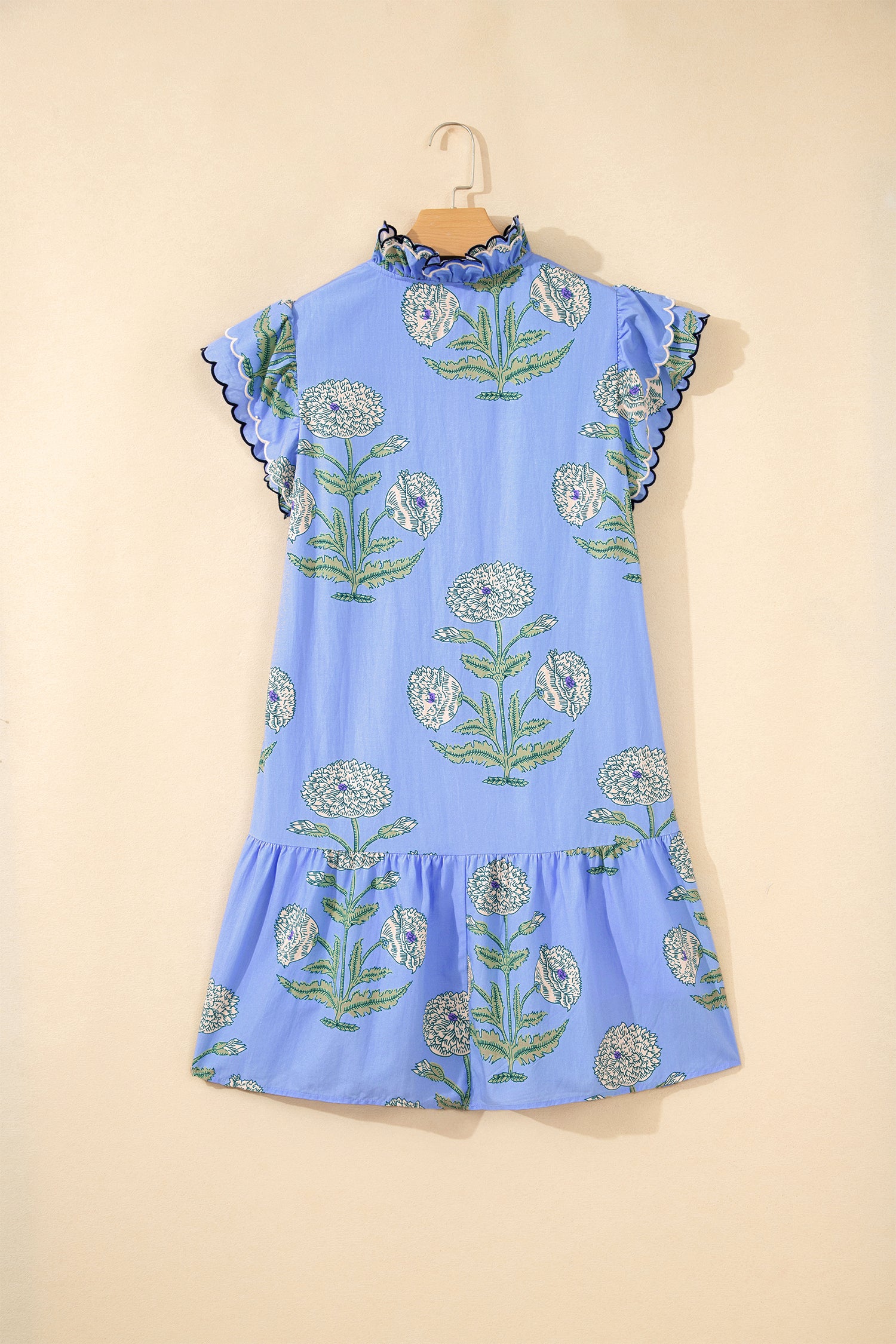 Sky Blue Wild Floral Print Scalloped Embroidery Trim V Neck Drop Waist Mini Dress