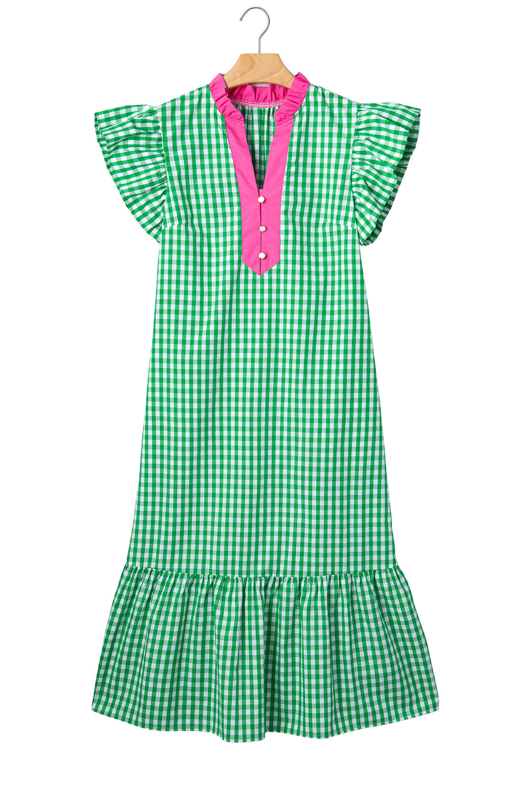 Bright Green Summer Color-Blocked Plaid Pattern Midi Dress