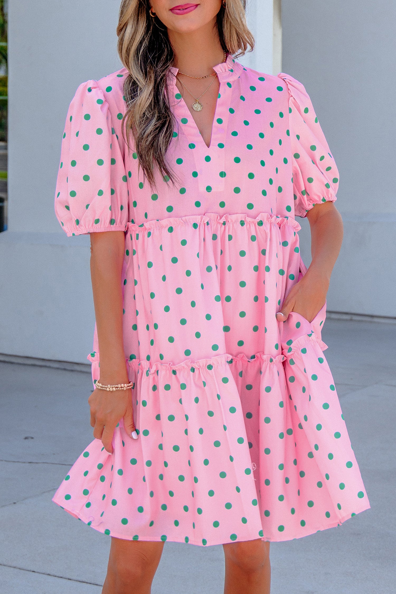 Pink Polka Dot Print V Neck Short Sleeve Tiered Mini Dress