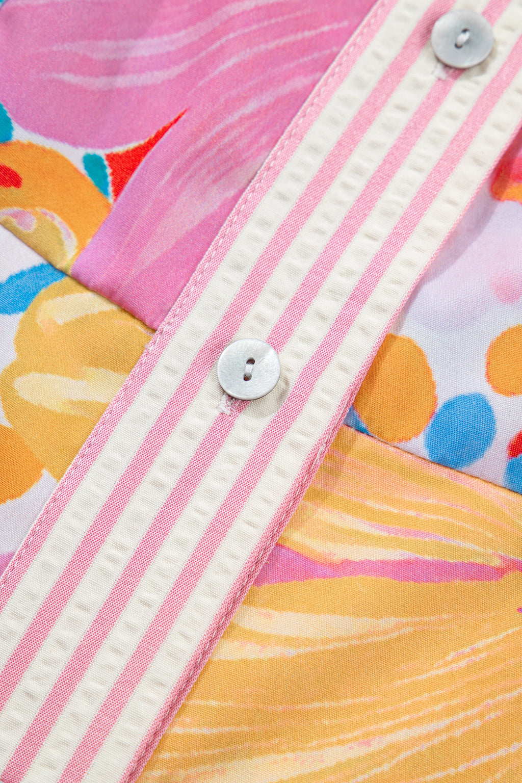 Pink Floral Print Striped Trim Button Down Short Sleeve Vacation Dress