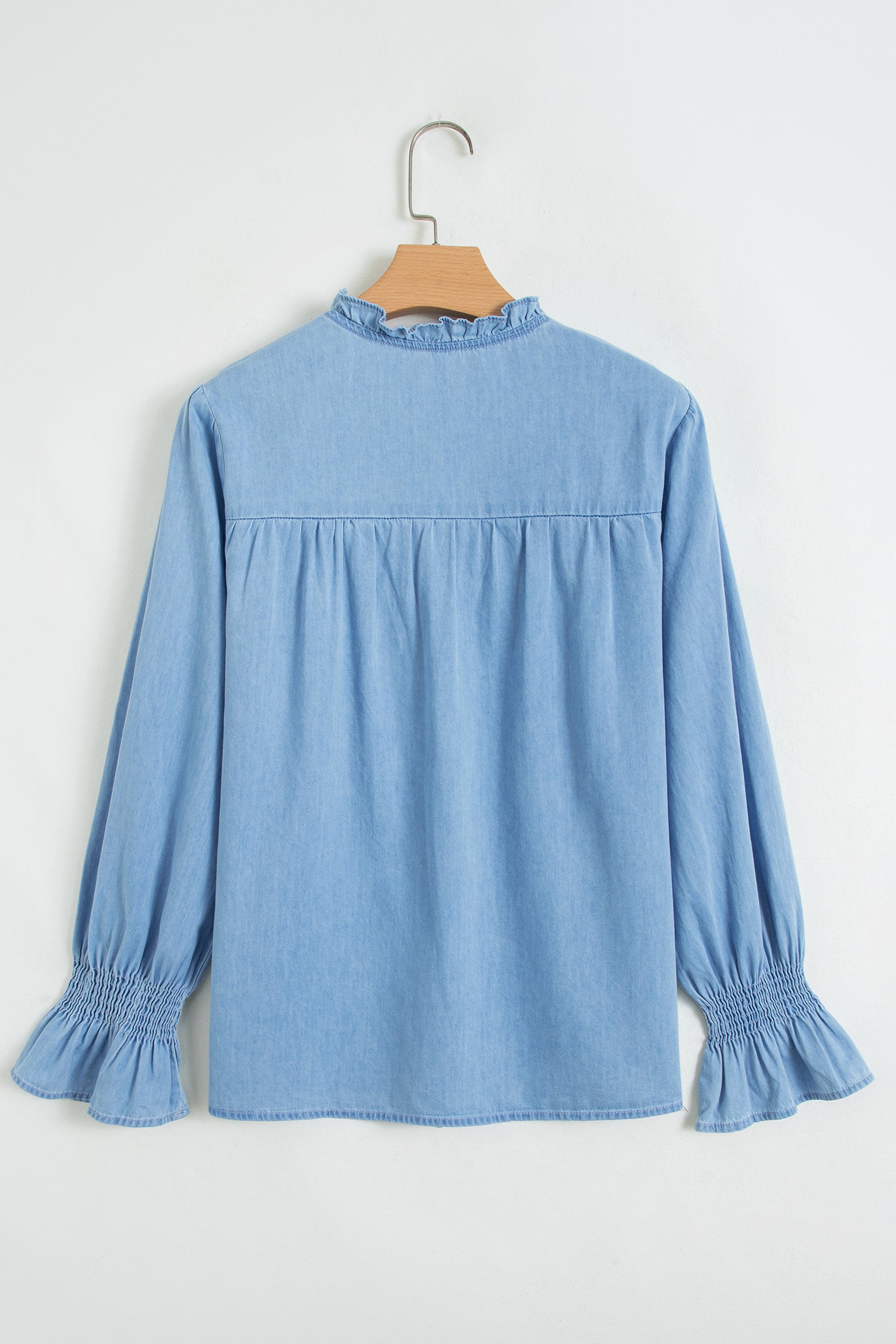 Beau Blue Western Ruffle V Neck Long Sleeve Chambray Blouse