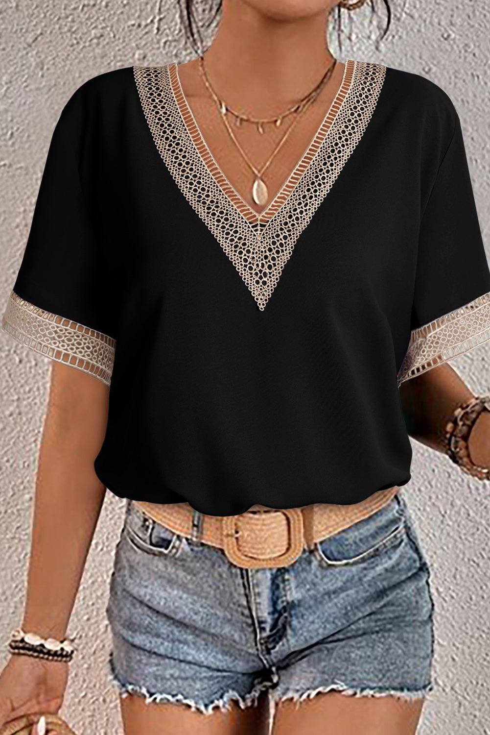 Green Lace Trim V Neck Short Sleeve Blouse