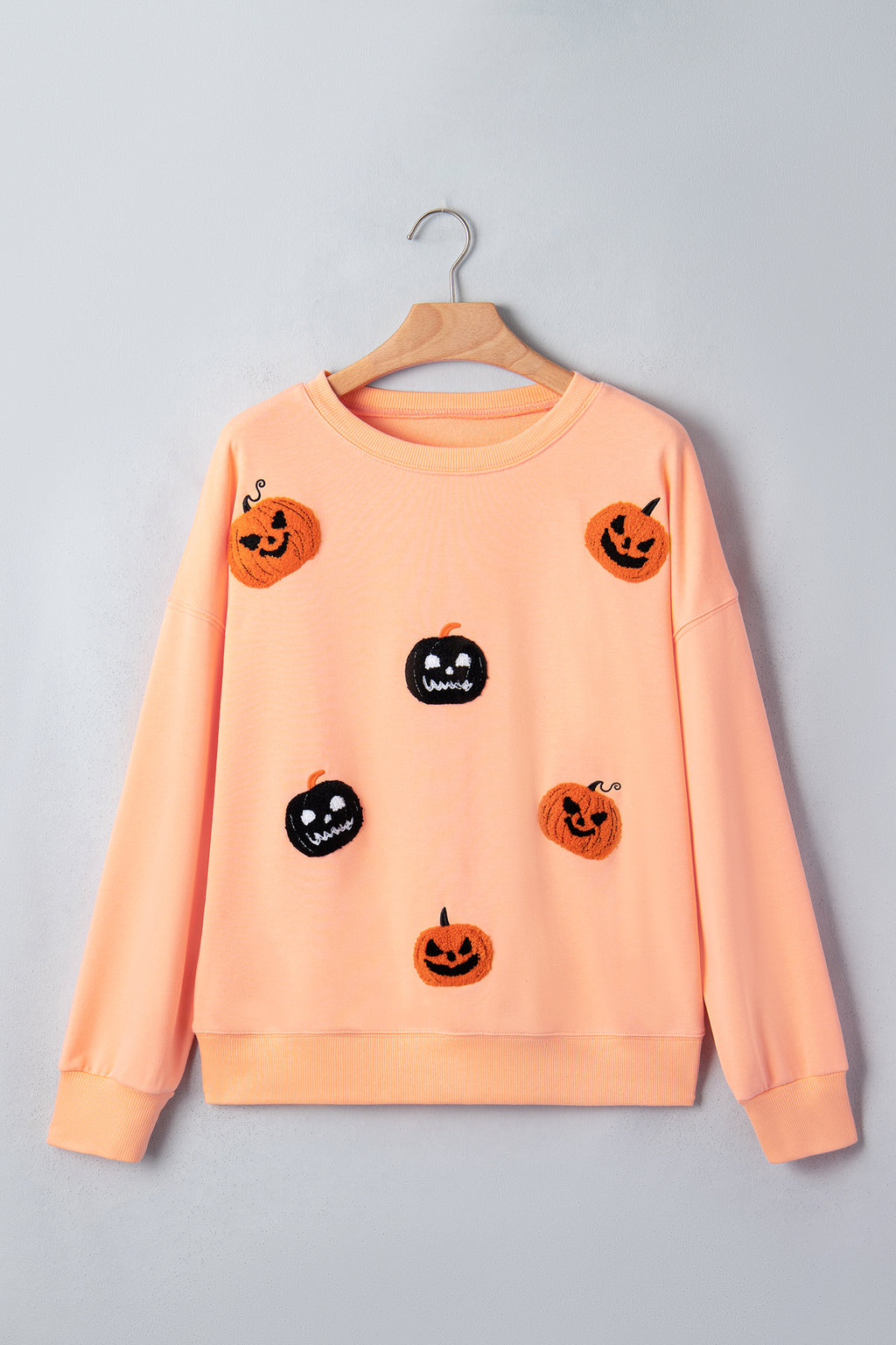Orange Embroidered Pumpkin Face Drop Shoulder Sweatshirt