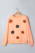 Orange Embroidered Pumpkin Face Drop Shoulder Sweatshirt