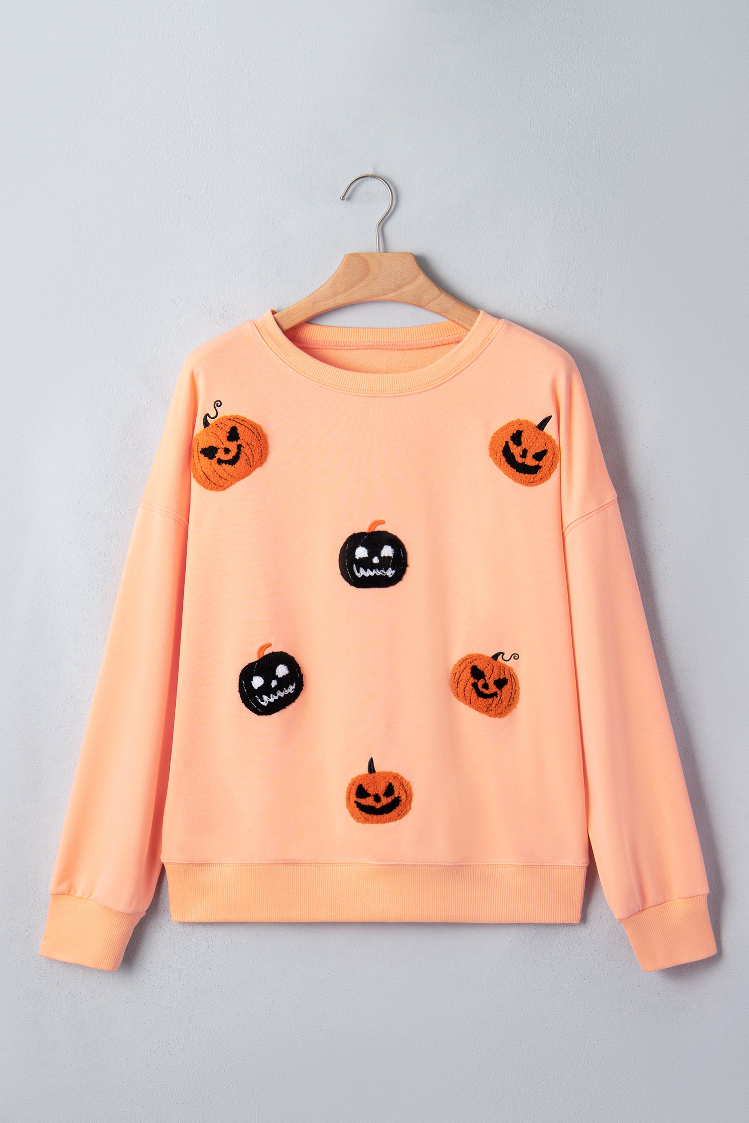 Orange Embroidered Pumpkin Face Drop Shoulder Sweatshirt