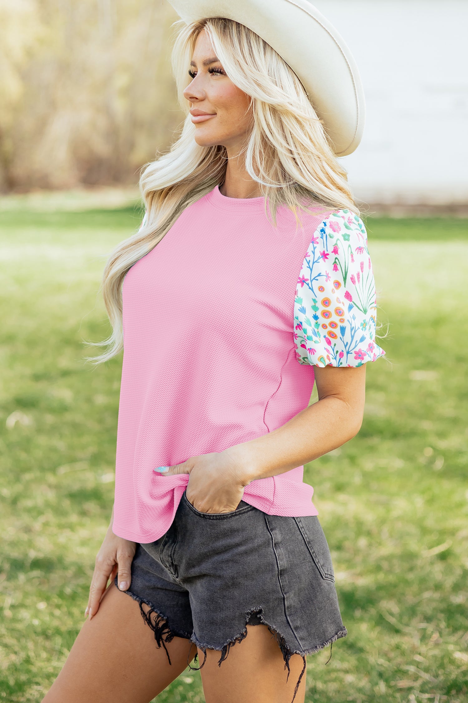 Pink Round Neck Floral Blouse