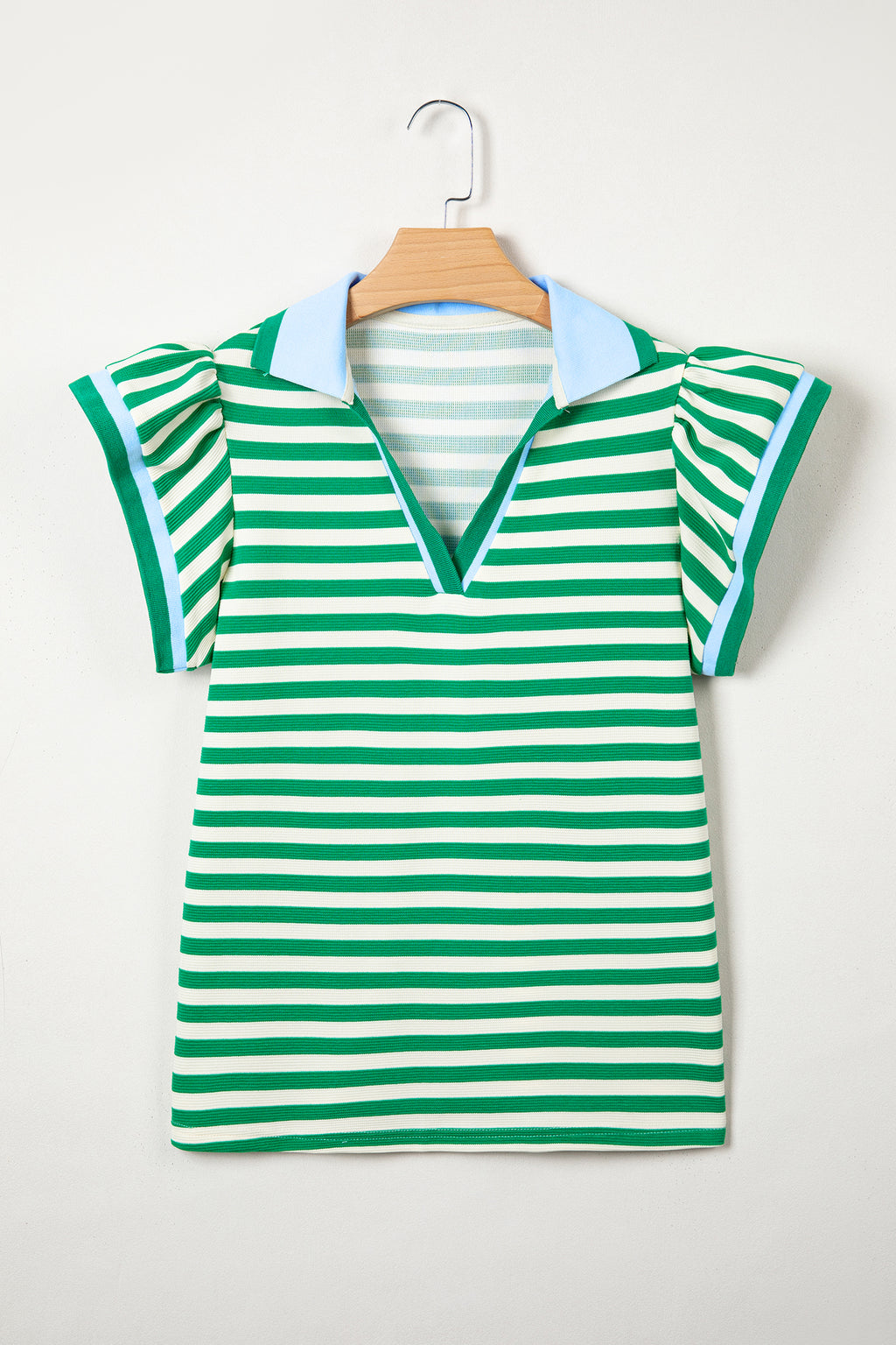 Green Stripe Contrast Trim Polo Collar Ruffled Short Sleeve Blouse