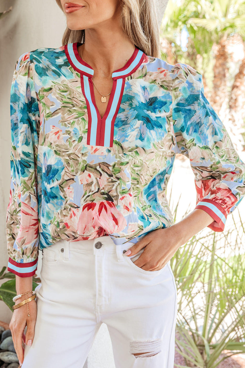 Sky Blue Contrast Floral Blouse