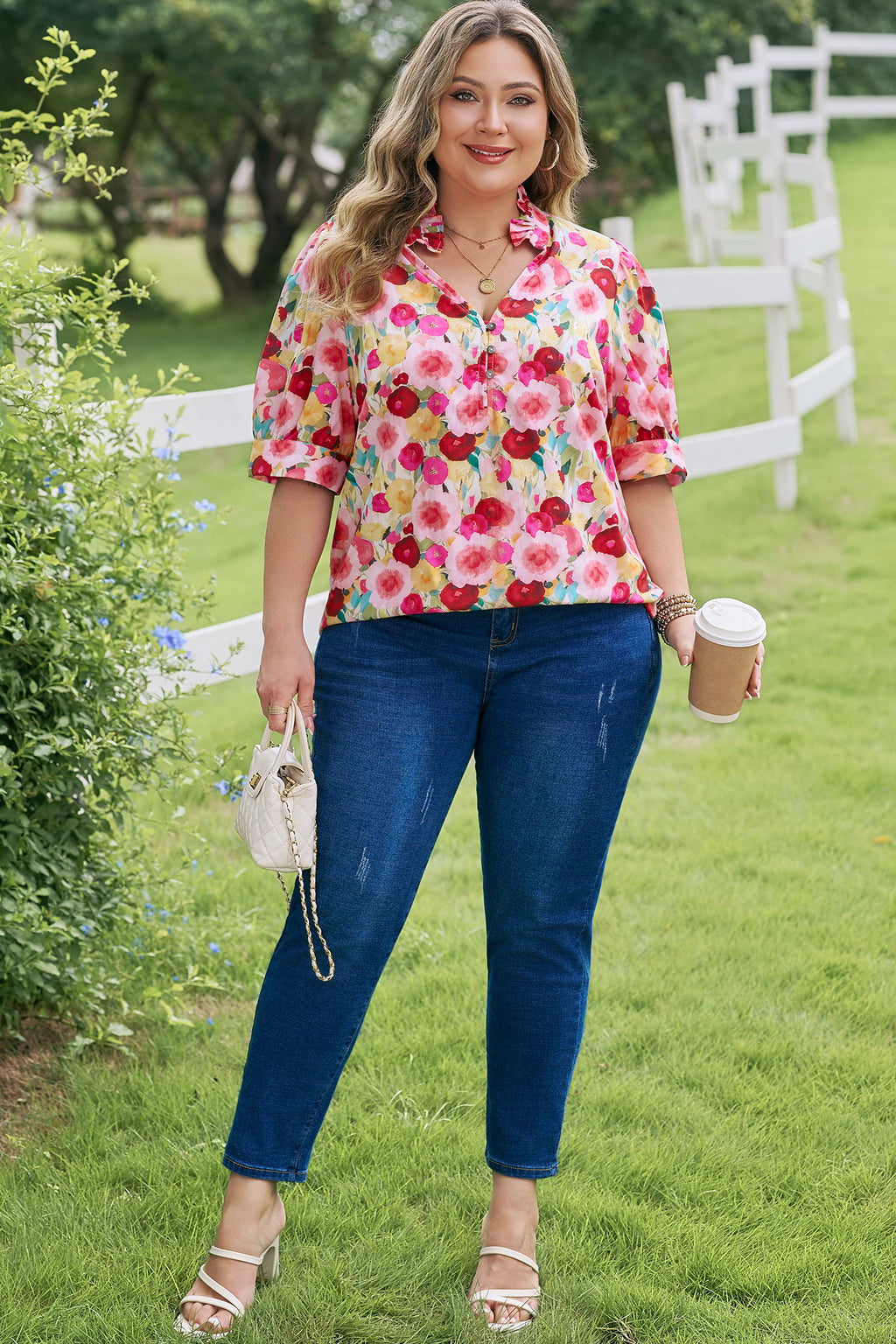 Pink Plus Size Flower Print Split V Neck Puff Short Sleeve Top