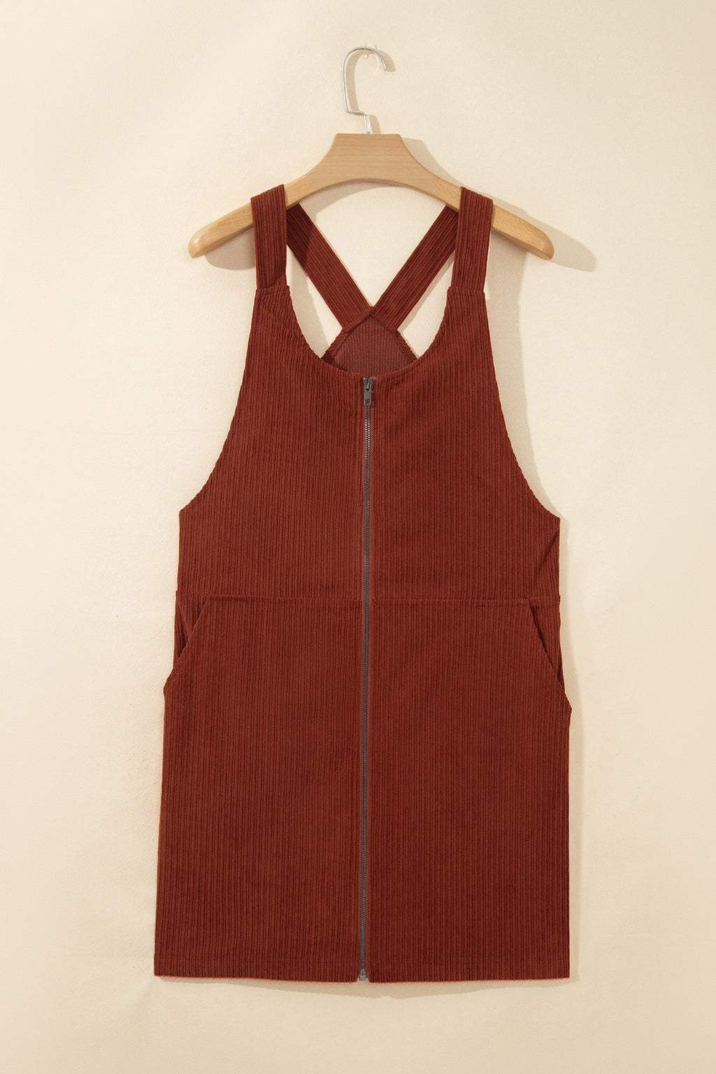 Clay Ribbed Corduroy Zip-Up Sleeveless Pocket Sheath Dress