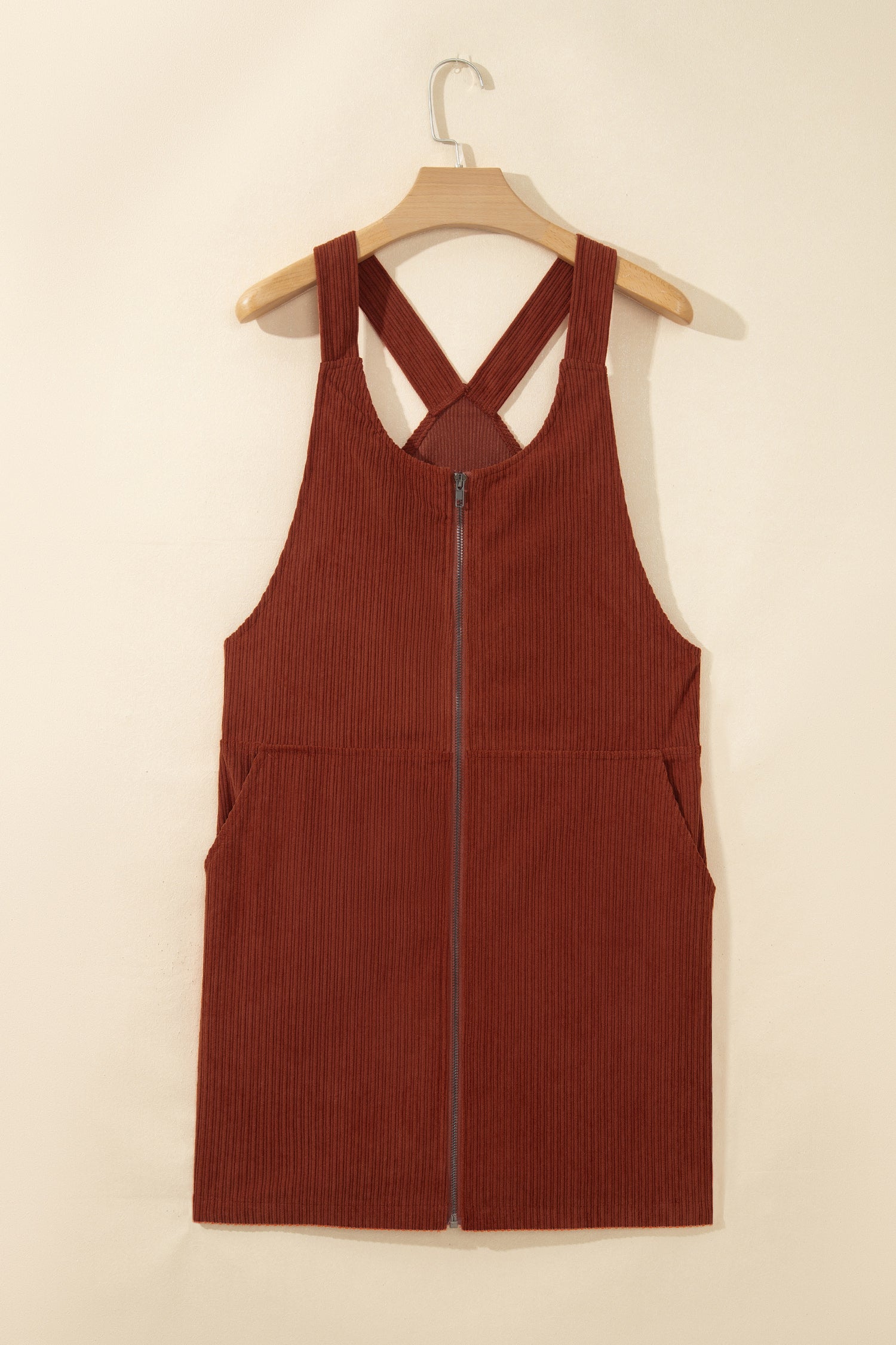 Clay Ribbed Corduroy Zip-Up Sleeveless Pocket Sheath Dress