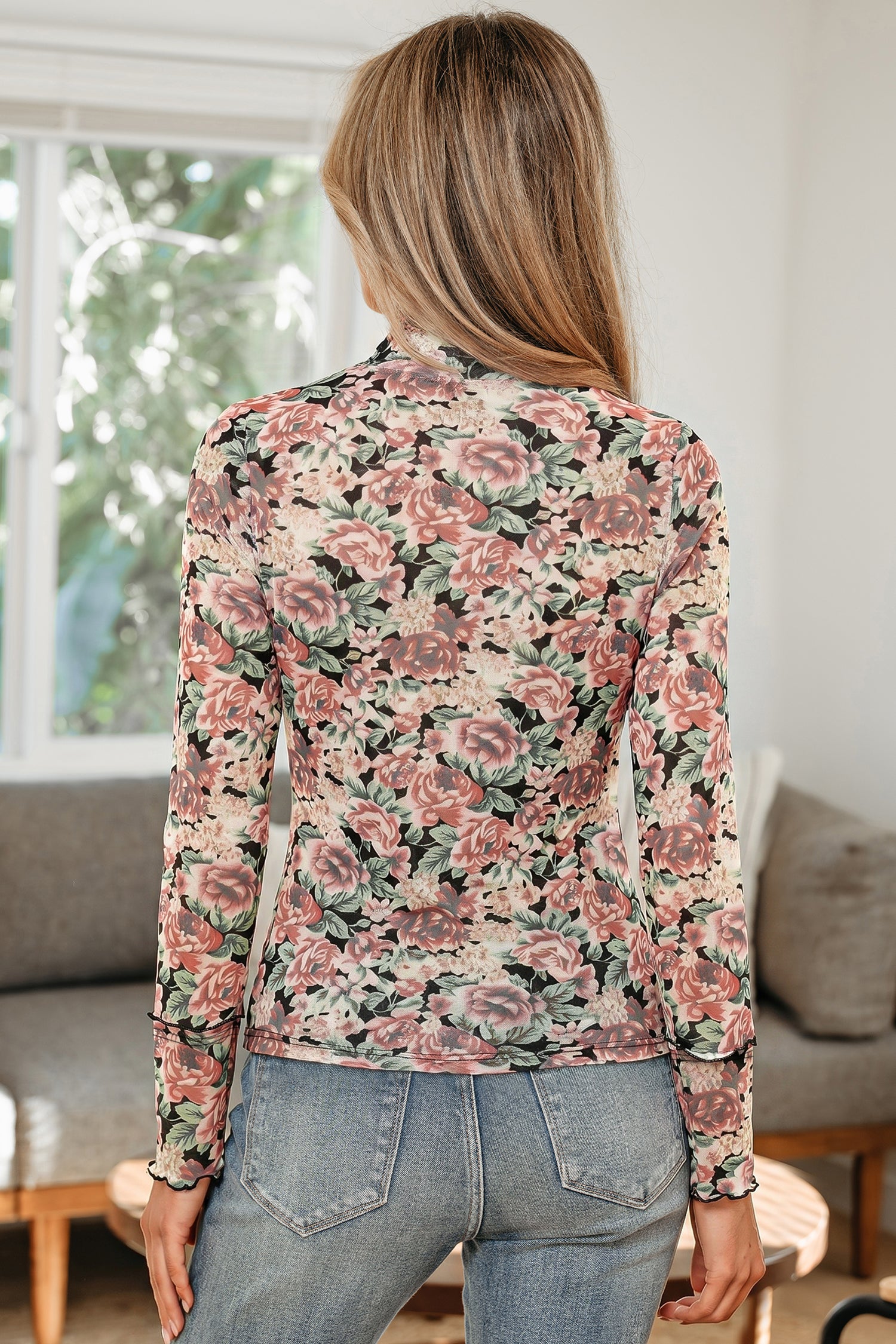 Black Retro Floral Print Mock Neck Mesh Long Sleeve Top