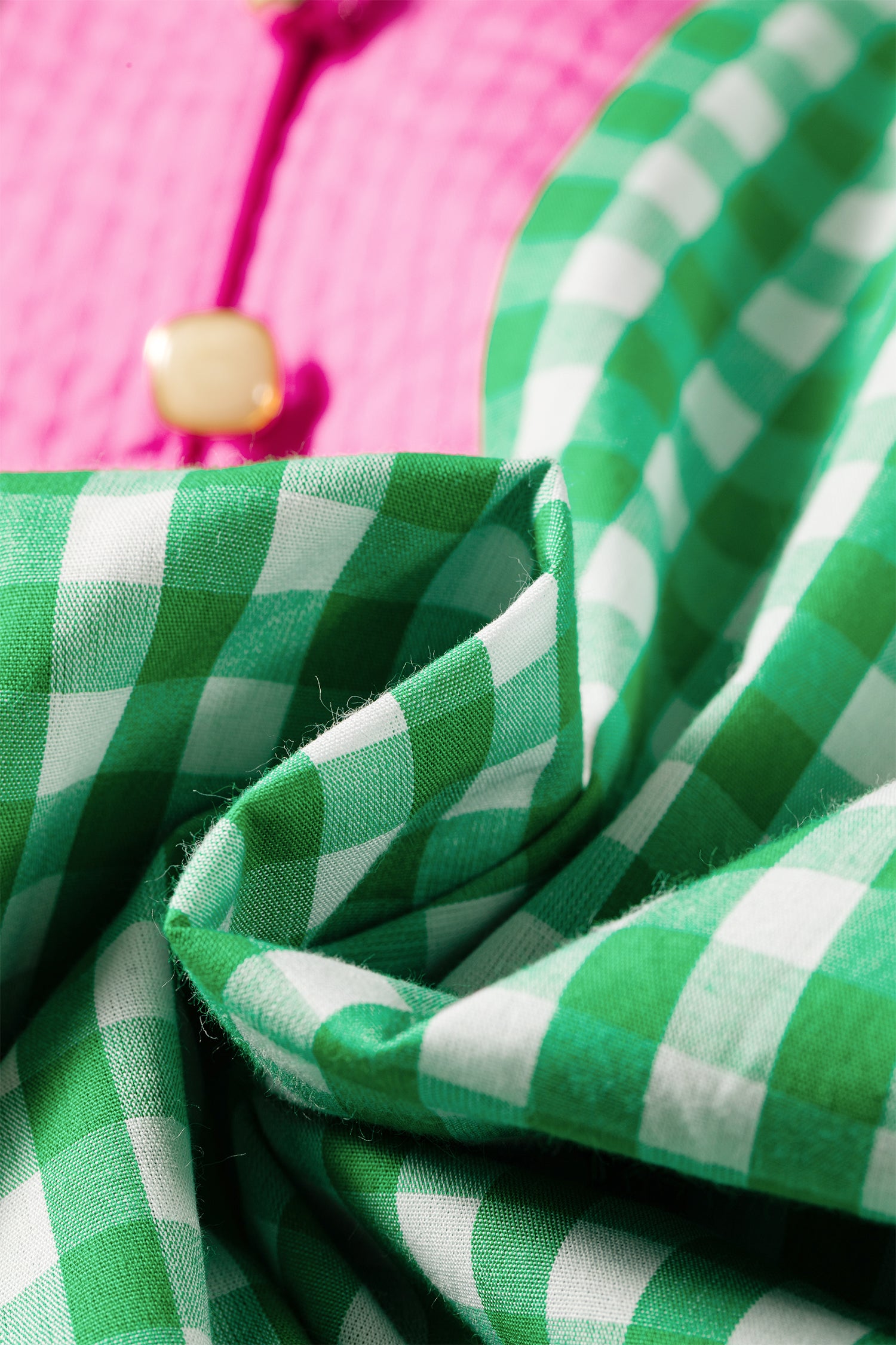 Green Gingham Plaid Bubble Sleeve Colorblock Trim V Neck Blouse