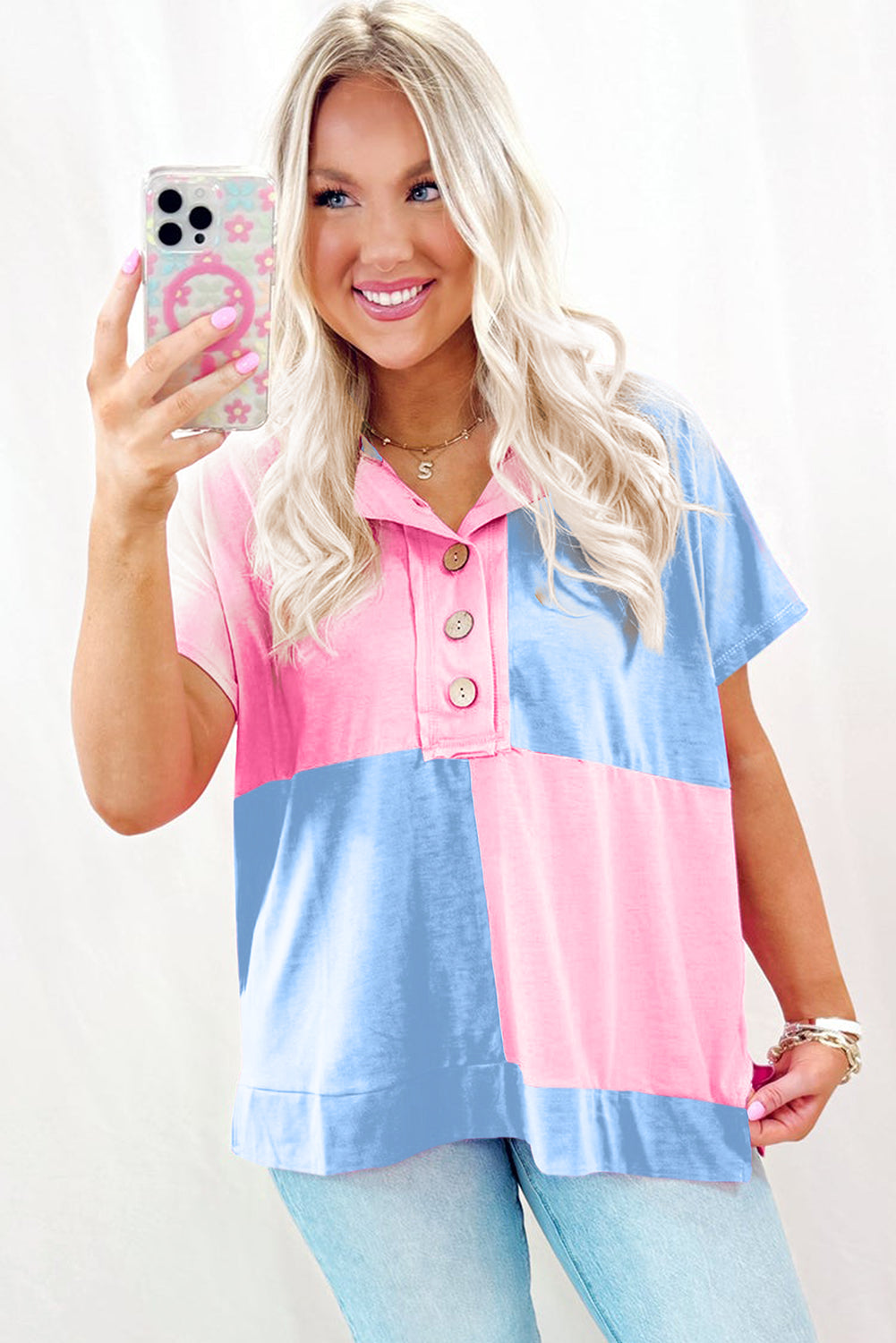 Myosotis Two Tone Half Buttons Collared T Shirt