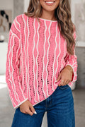 Pink Wavy Detail Hollow Out Knit Long Sleeve Cotton Pullover Sweater