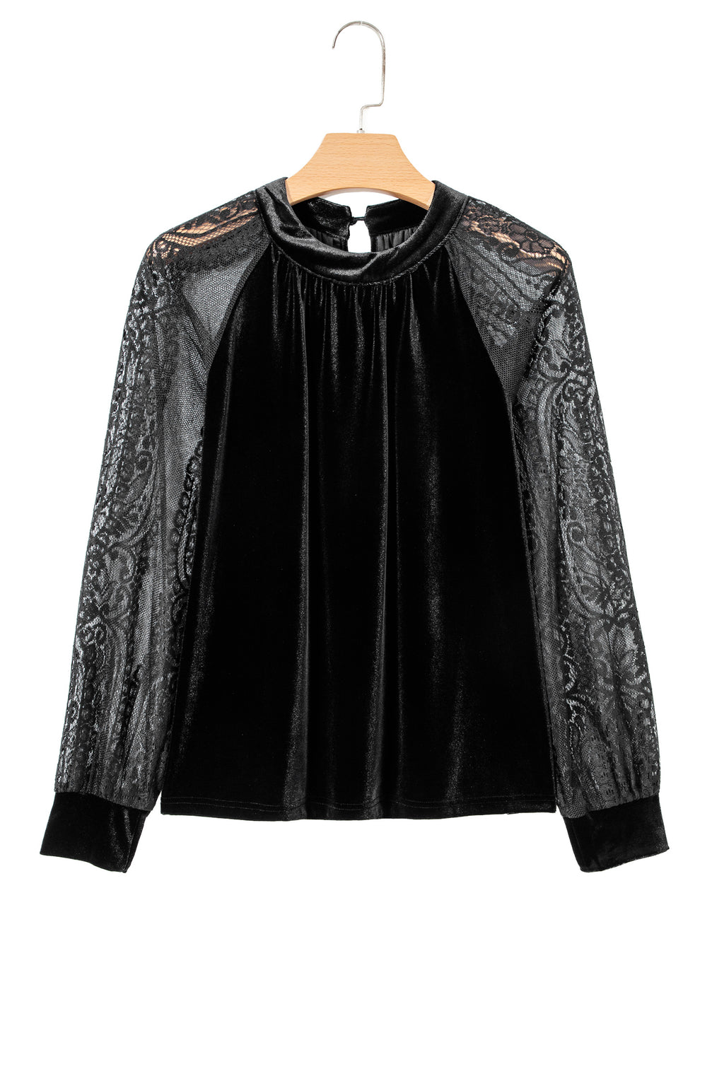 Color Black Solid Color Sheer Lace Long Sleeve Patchwork Stand Neck Velvet Blouse