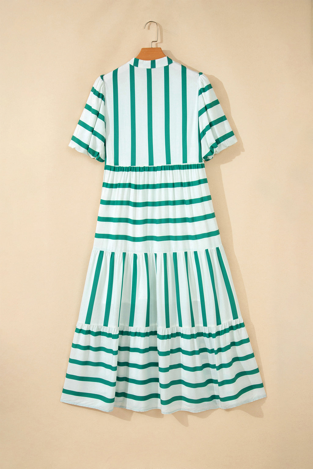 Green Stripe Ricrac Trim Notched Neck Half Sleeve Vacation Dress